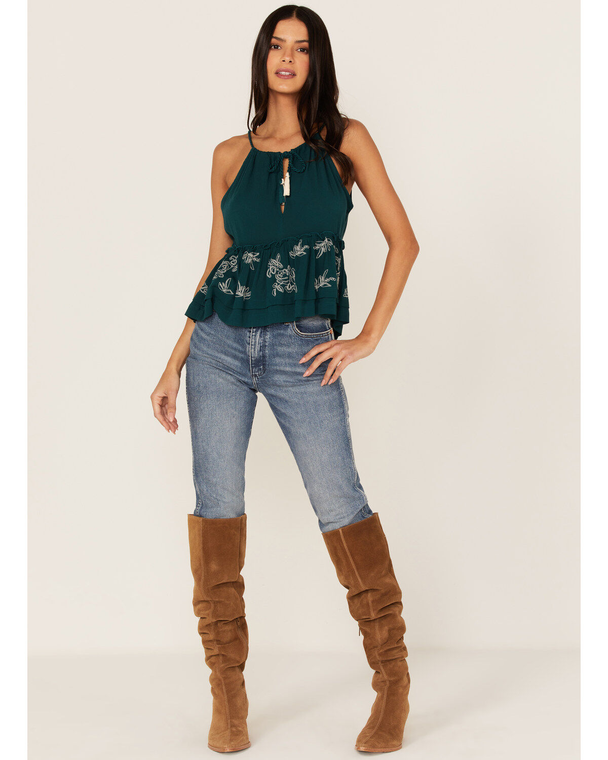 Shyanne Women's Embroidered Floral Keyhole Tank