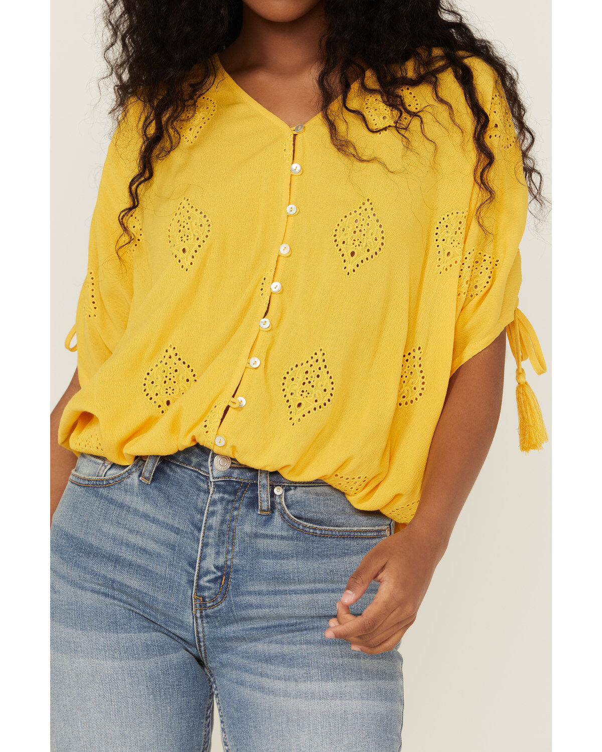 Miss Me Women's Mustard Button Front Embroidered Tassel Trim Top
