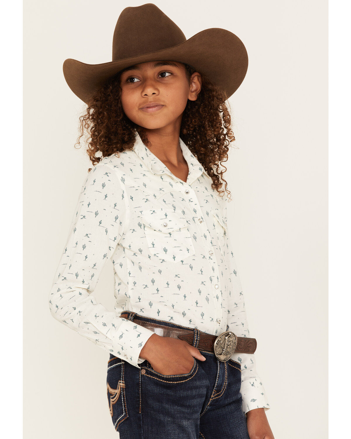 Shyanne Girls' Cactus Print Long Sleeve Western Button-Down Shirt