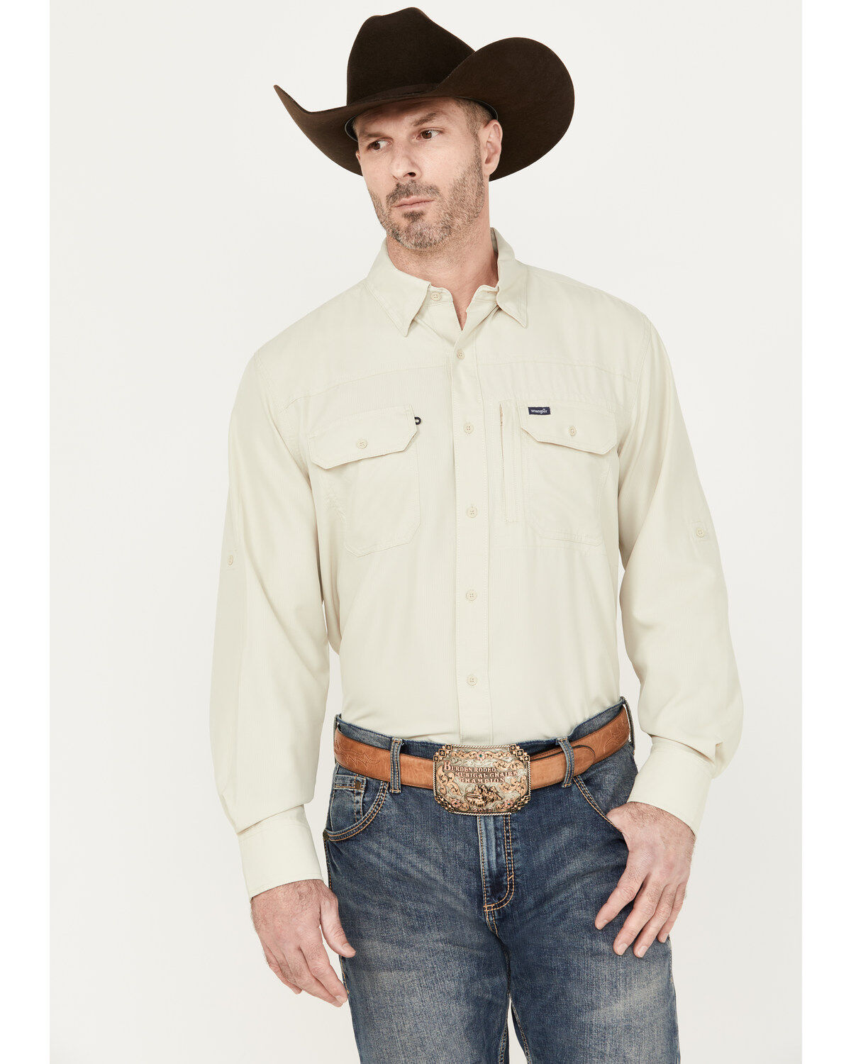 Wrangler Men's Solid Performance Long Sleeve Button Down Shirt