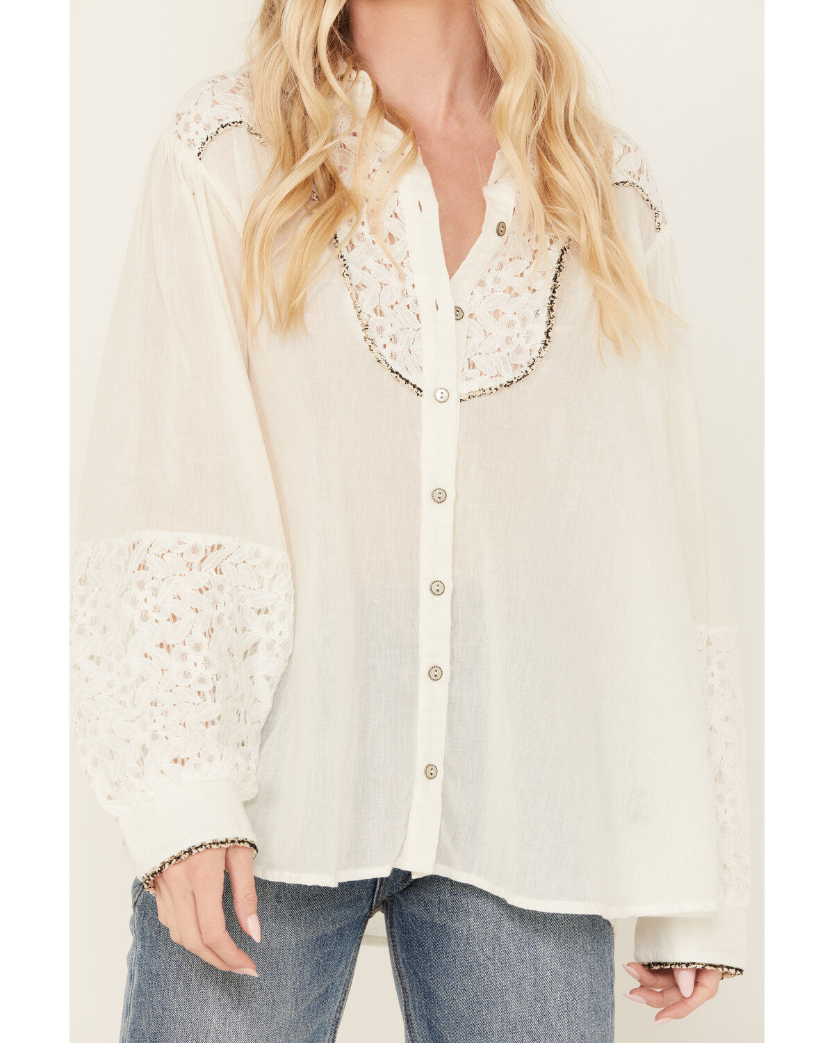 POL Women's Lace Yoke Long Sleeve Button Down Shirt