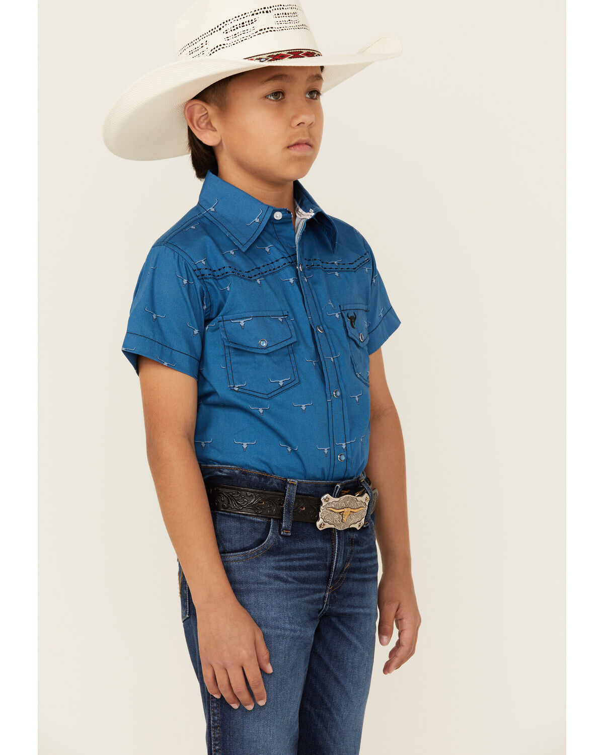 Cowboy Hardware Boys' Steerhead Print Short Sleeve Snap Western Shirt