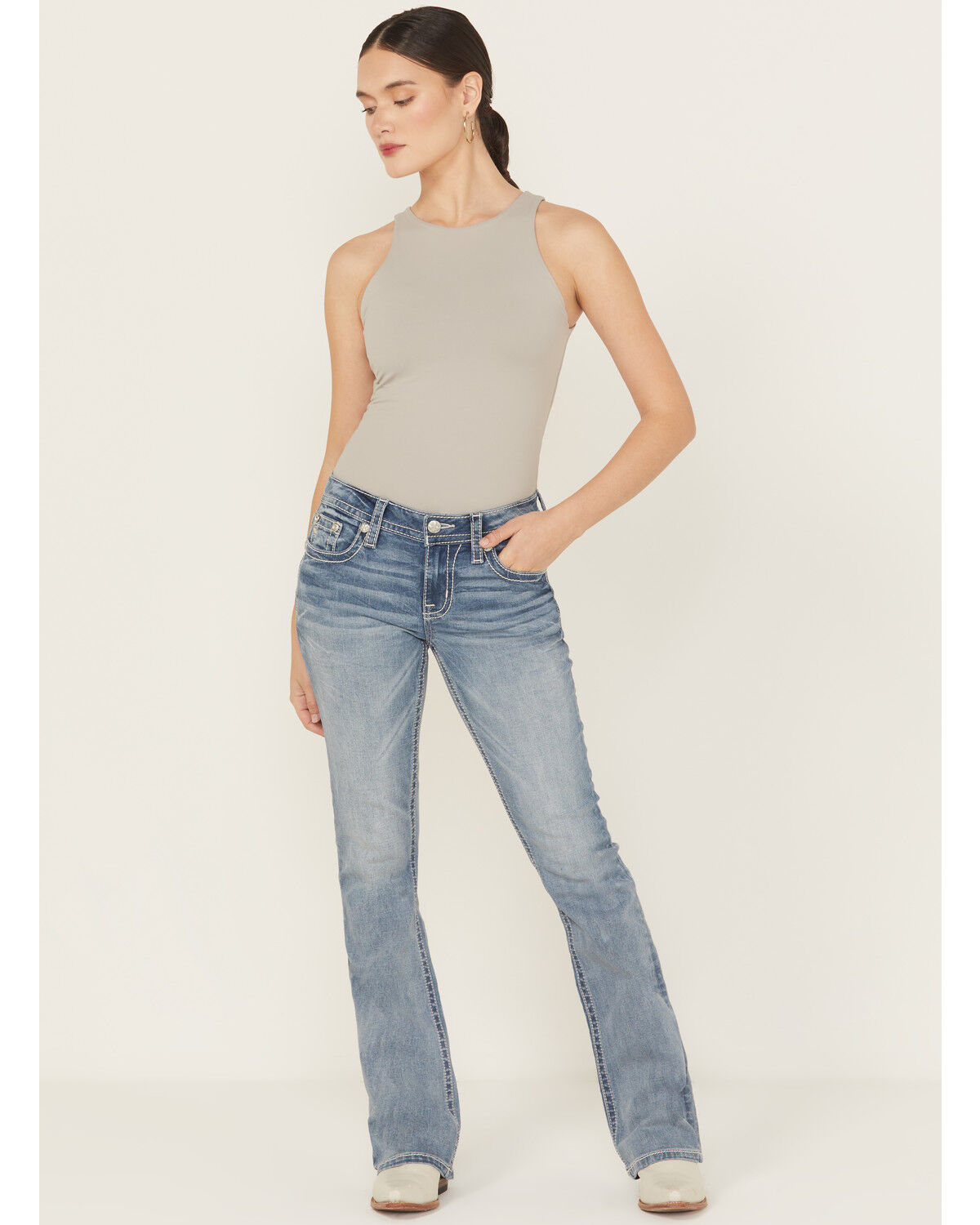 Miss Me Women's Medium Wash Mid Rise Bootcut Stretch Denim Jeans