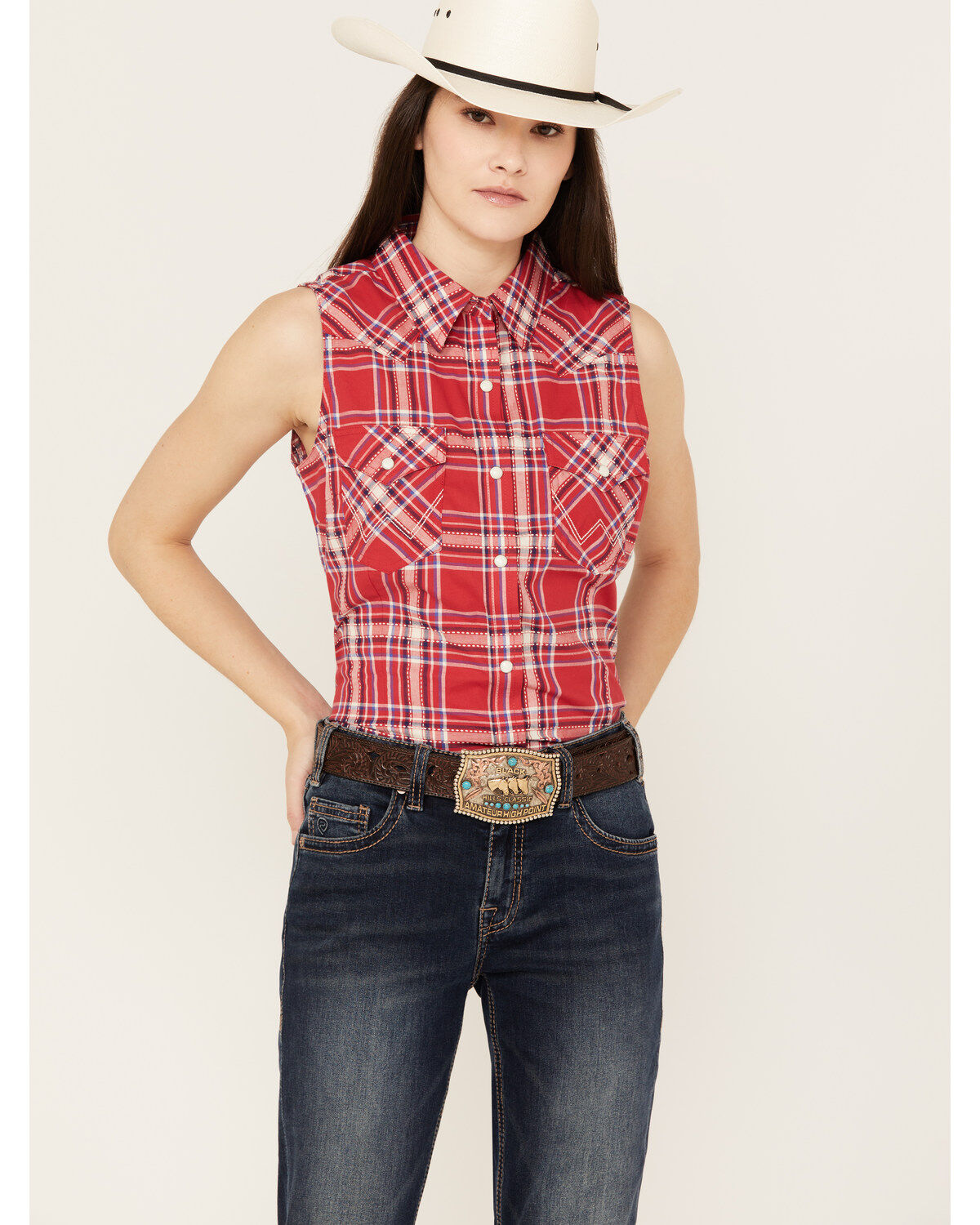 Wrangler Women's Sleeveless Plaid Print Snap Western Shirt
