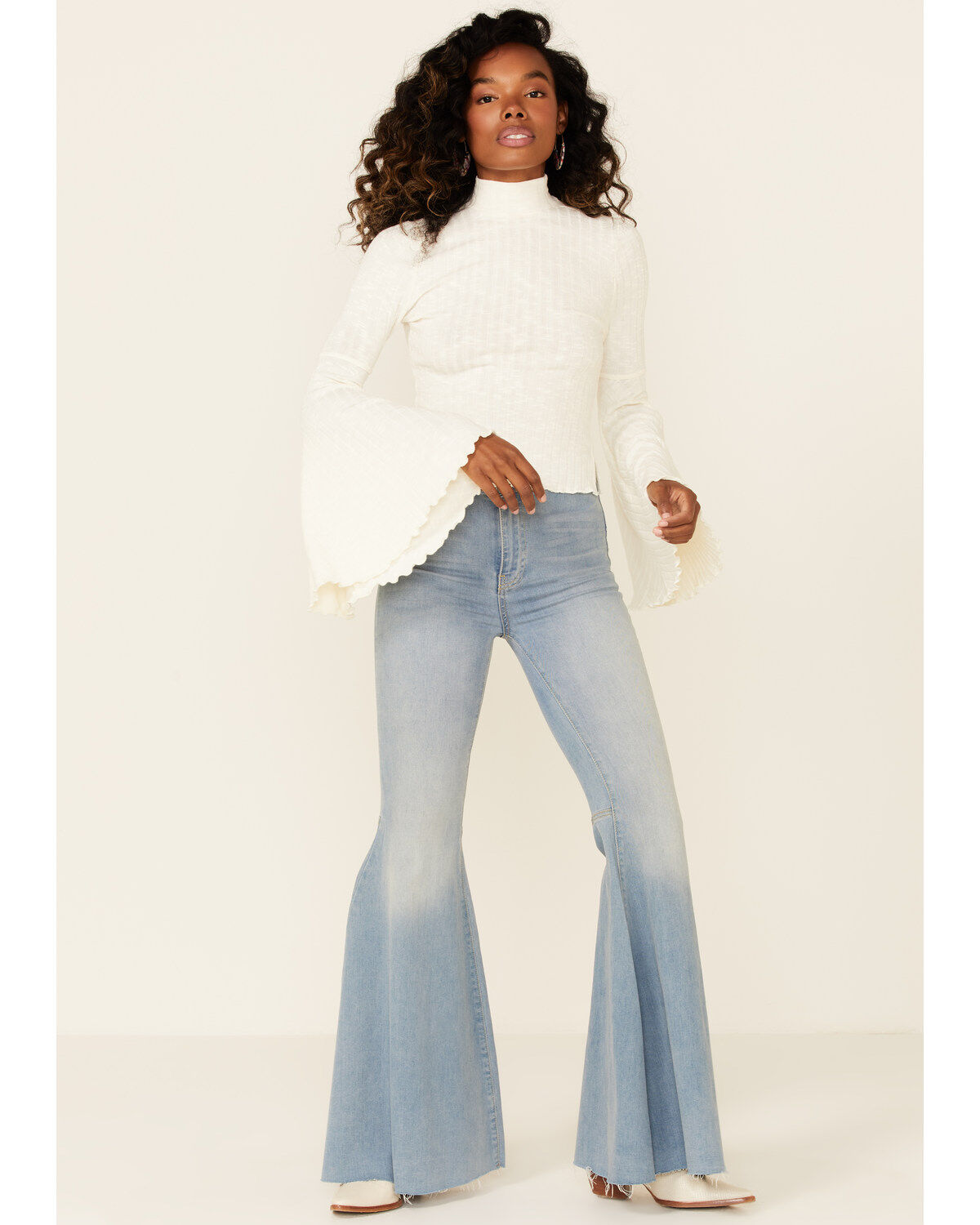 Shyanne Women's Rib Knit Mock Neck Bell Sleeve Top