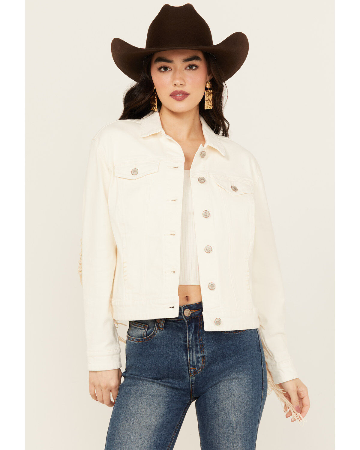 Shyanne Women's Oversized Macrame Fringe Denim Trucker Jacket