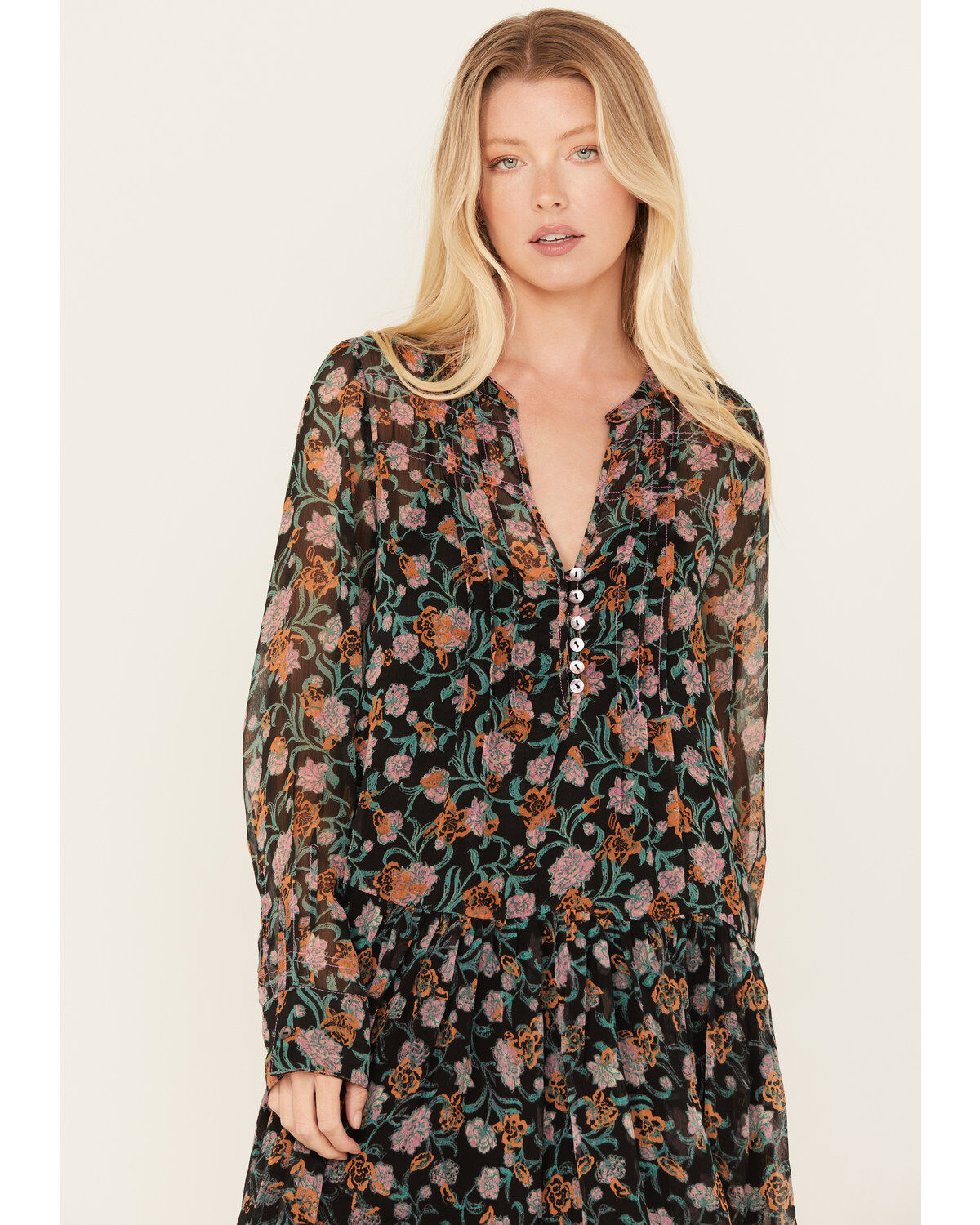 Free People Women's See It Through Floral Long Sleeve Maxi Dress