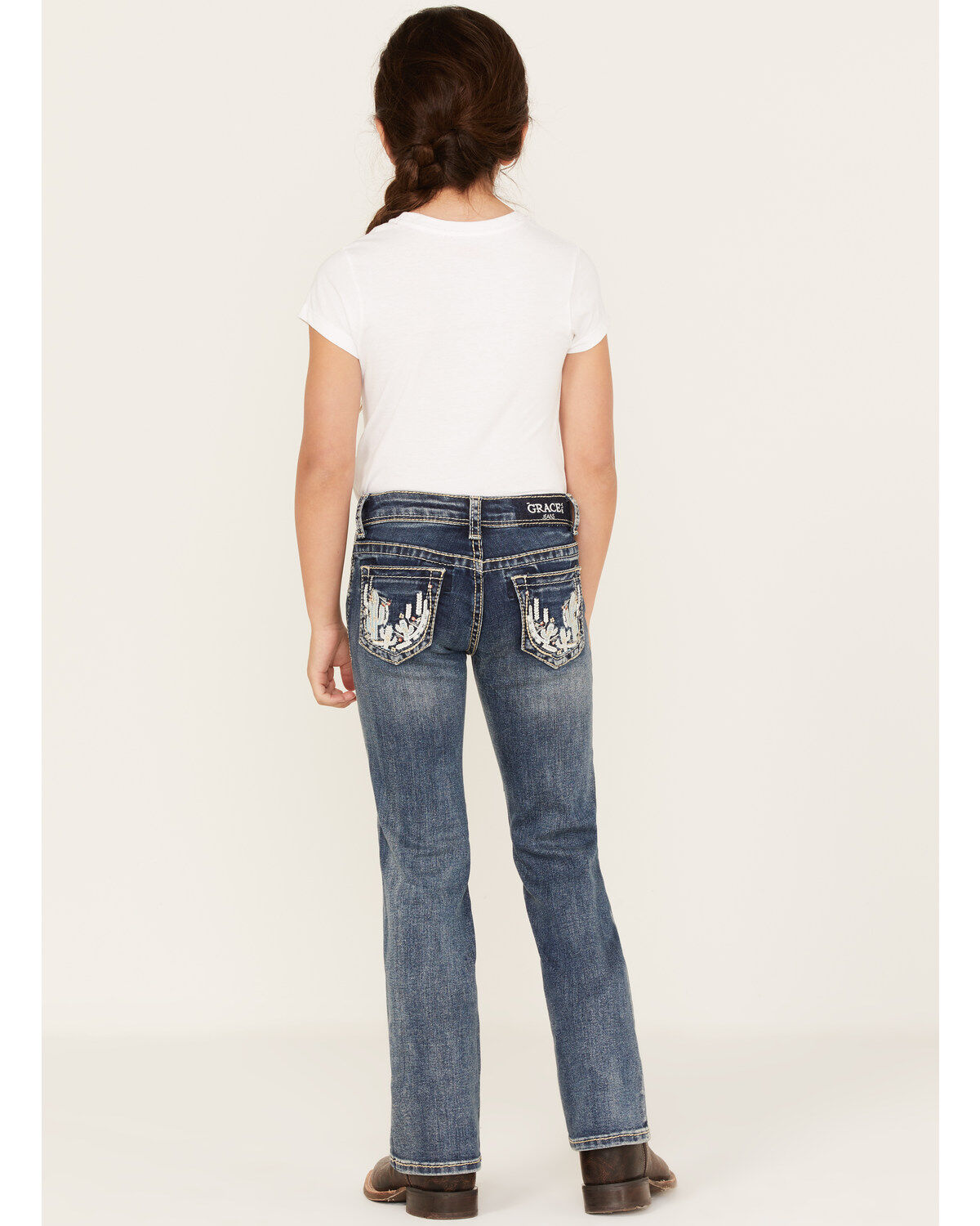 Grace in LA Girls' Medium Wash Mid Rise Embroidered Cactus Bootcut Jeans