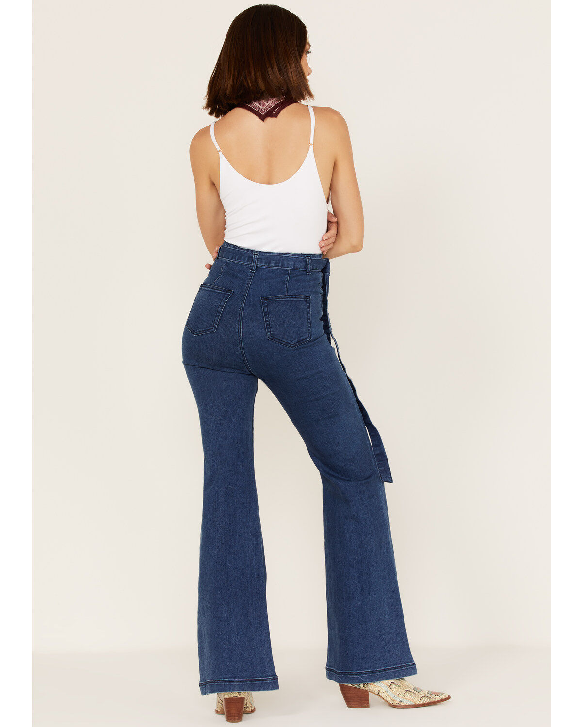 Flying Tomato Women's High Rise Self Belt Flare Leg Jeans