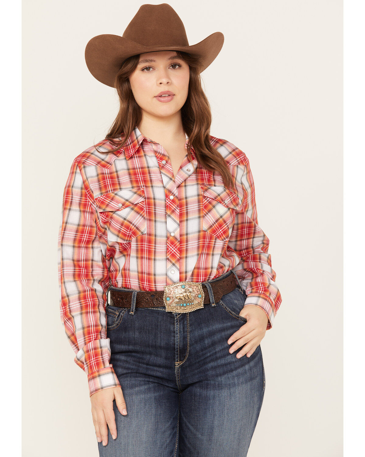 Roper Women's Plaid Print Long Sleeve Western Pearl Snap Shirt - Plus