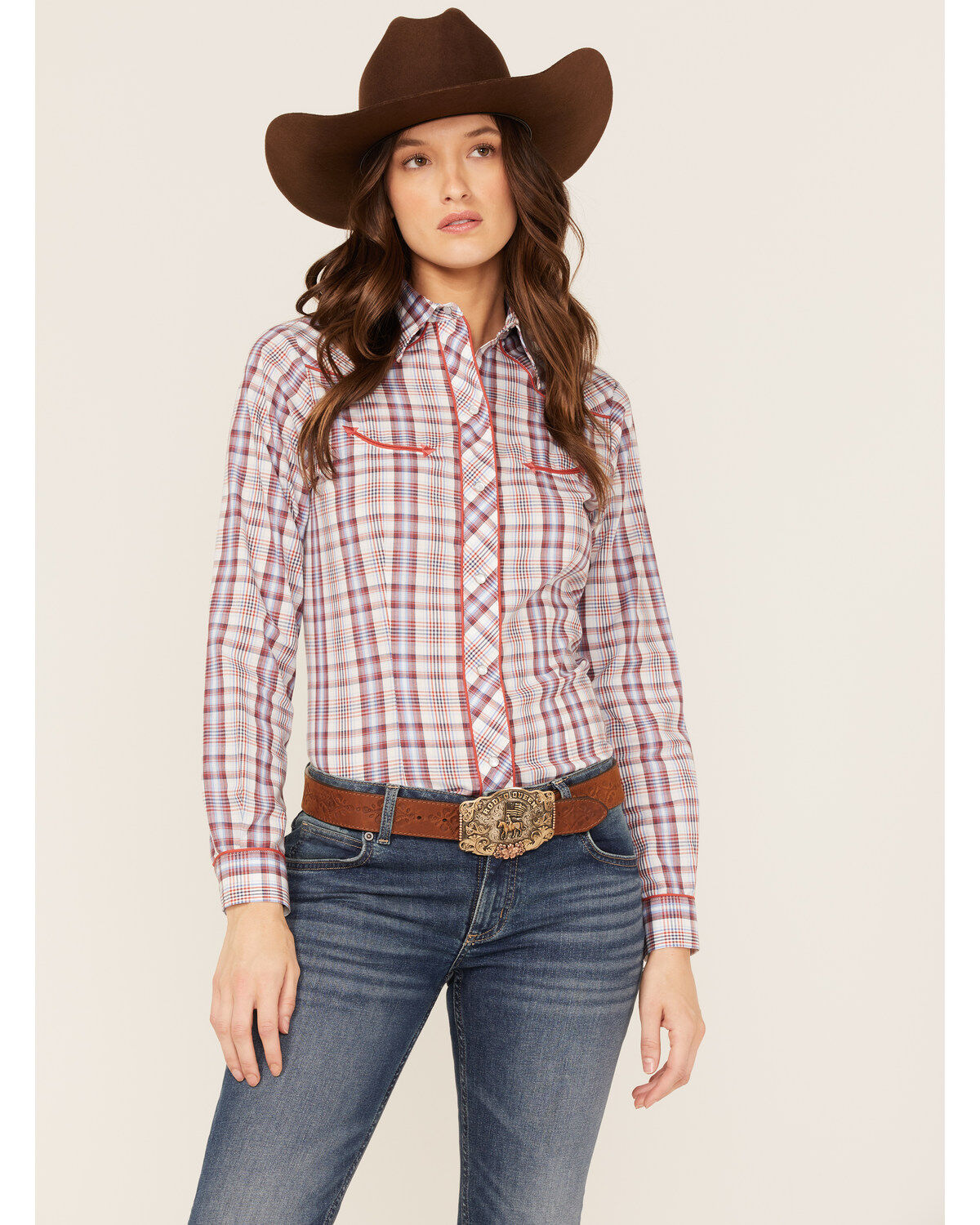 Roper Women's Plaid Print Long Sleeve Pearl Snap Western Shirt