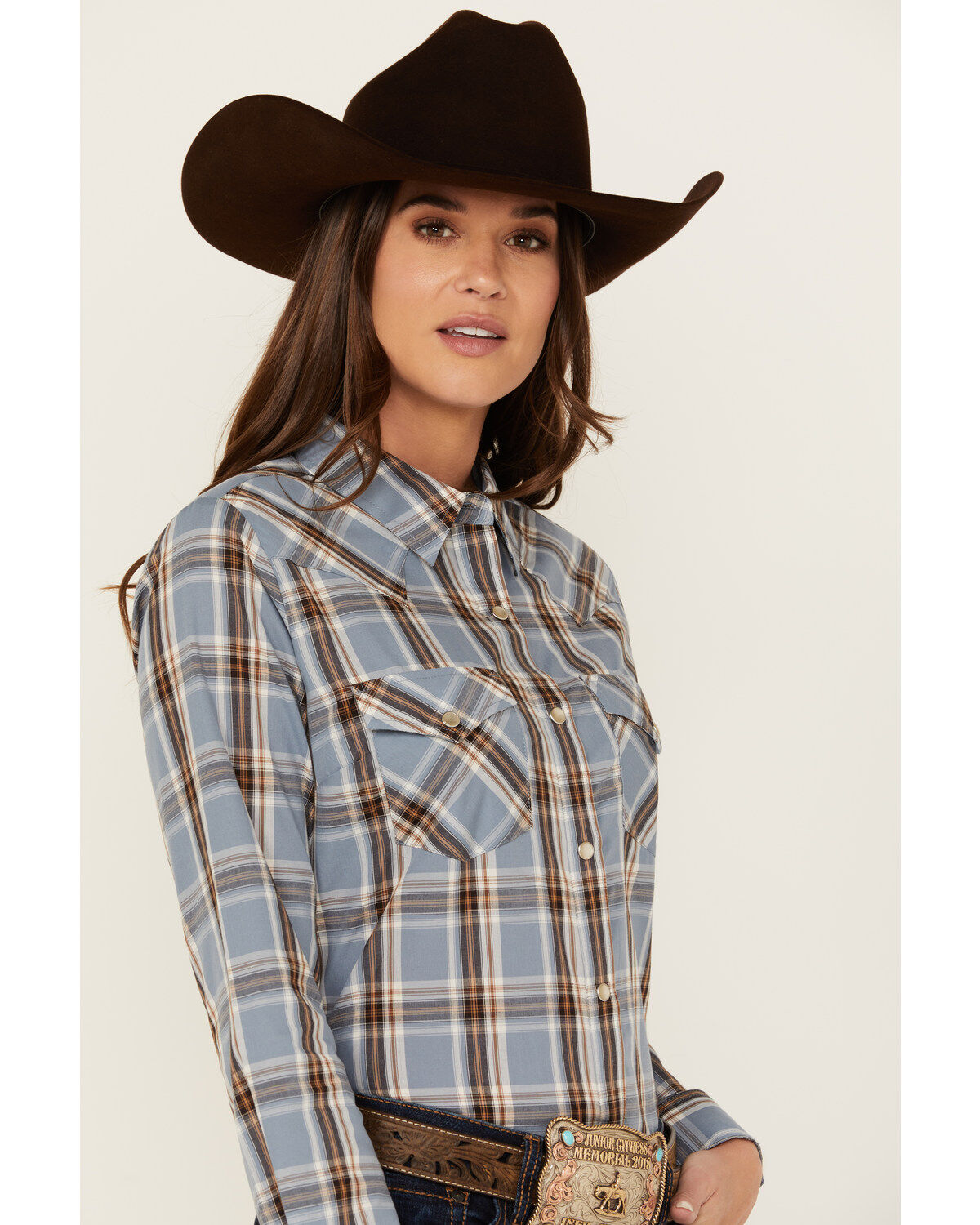 Wrangler Women's Plaid Print Long Sleeve Pearl Snap Western Shirt