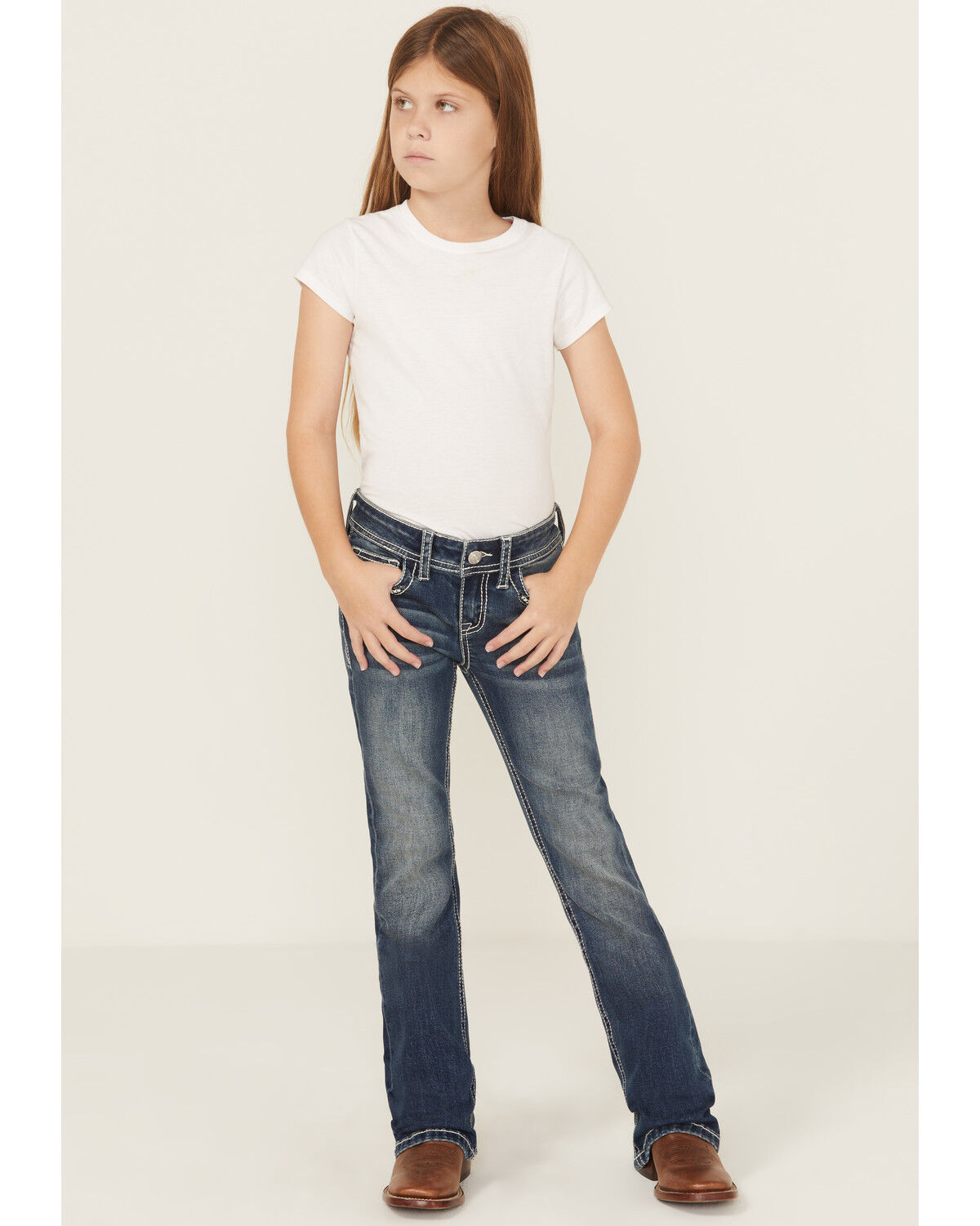 Grace in LA Girls' Dark Wash Steer Head Pocket Bootcut Denim Jeans