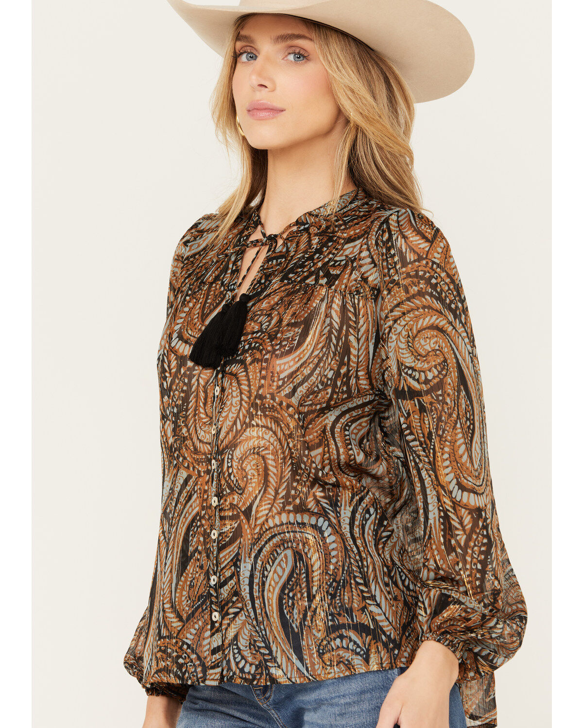 Revel Women's Paisley Print Long Sleeve Peasant Top