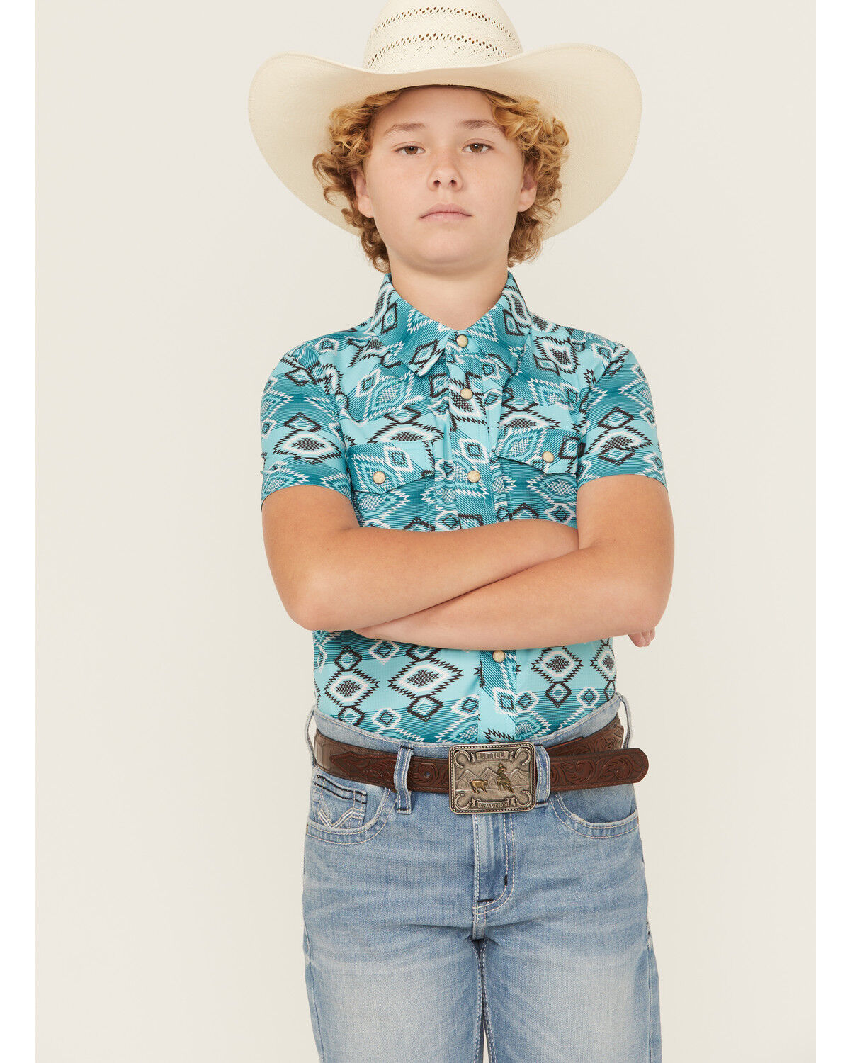 Rock & Roll Denim Boys' Southwestern Print Short Sleeve Snap Western Shirt