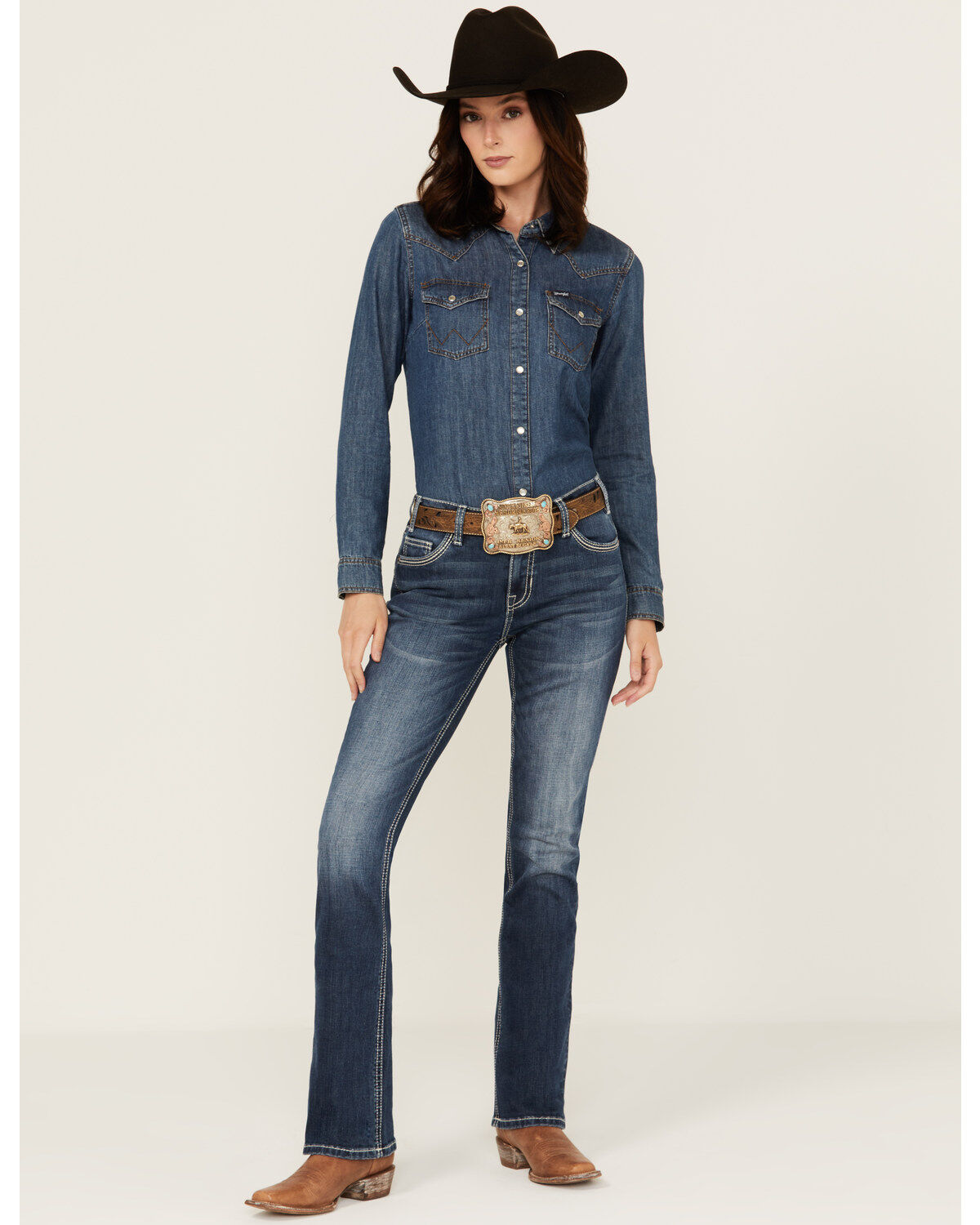 Rock & Roll Denim Women's Medium Wash Mid Rise Pleather Embroidered Pocket Bootcut Stretch Denim Jeans