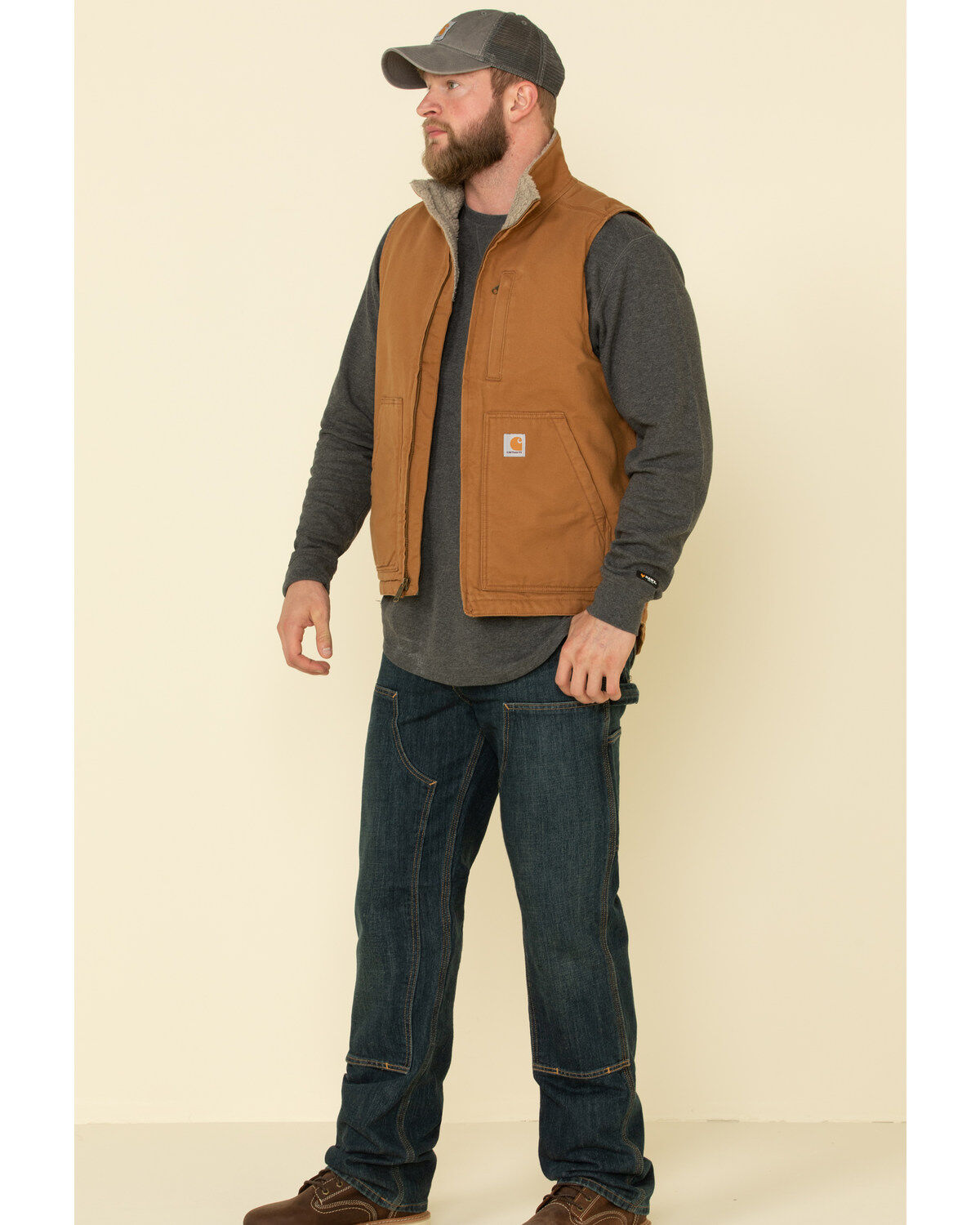 Carhartt Men's Brown Washed Duck Sherpa Lined Mock Neck Work Vest