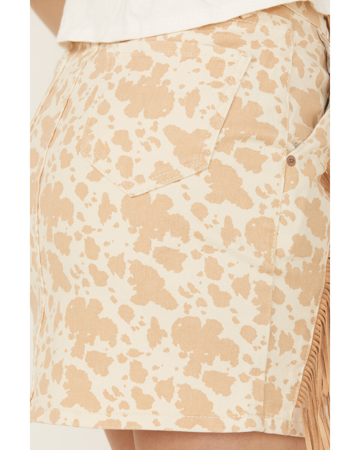 Rock & Roll Denim Women's Cow Print High Rise Tassel Mini Skirt