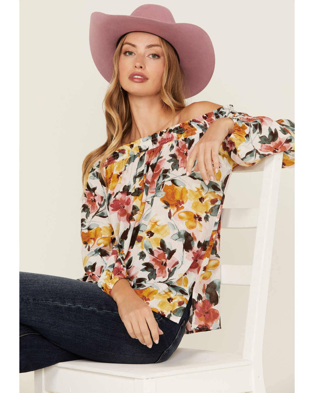 Wild Moss Women's Floral Print Long Sleeve Off The Shoulder Shirt