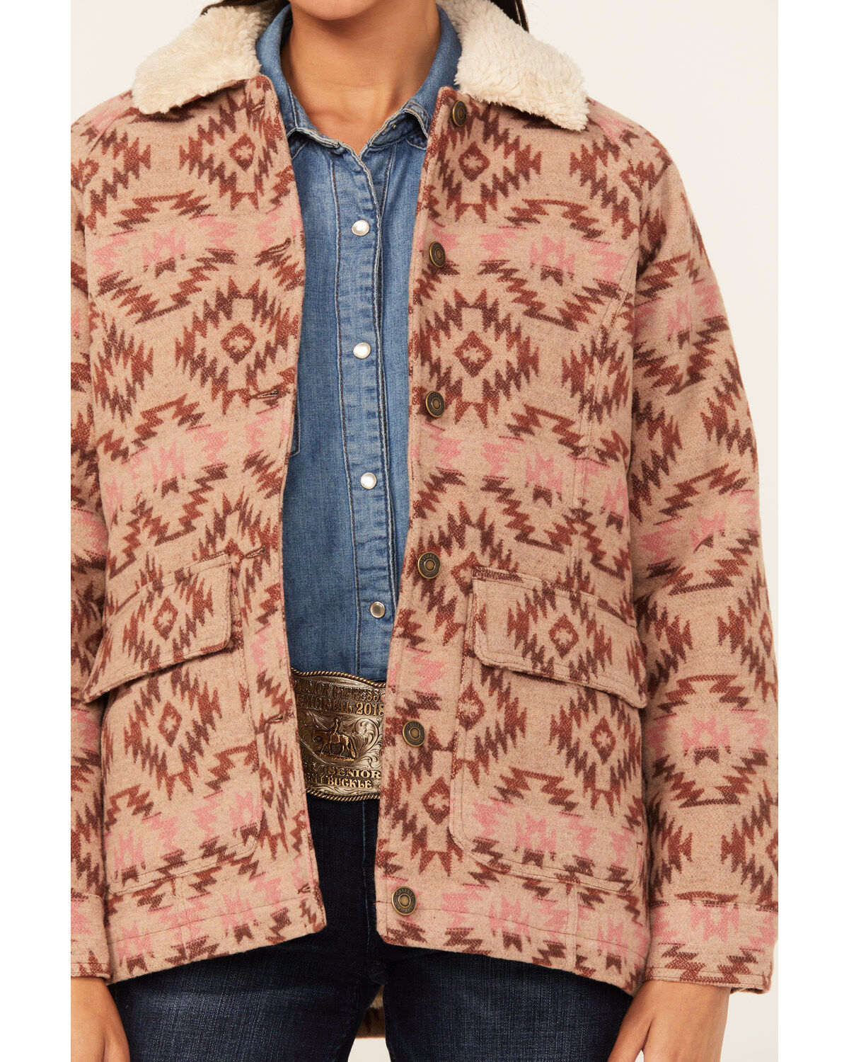 Shyanne Women's Southwestern Print Blanket Sherpa Lined Jacket