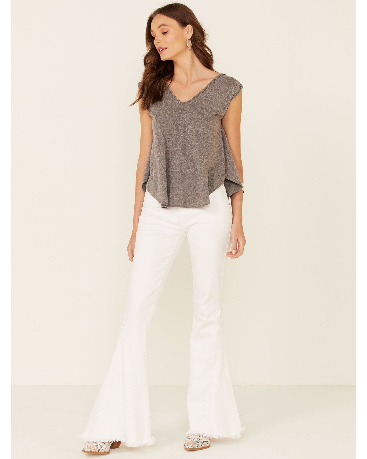 Tres Aves Women's Solid Gray Oversized Double V-Neck Short Sleeve Top