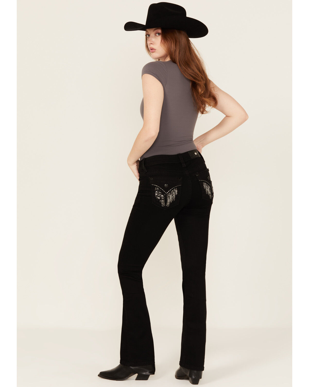 Miss Me Women's Wing Embroidered Mid Rise Bootcut Stretch Denim Jeans