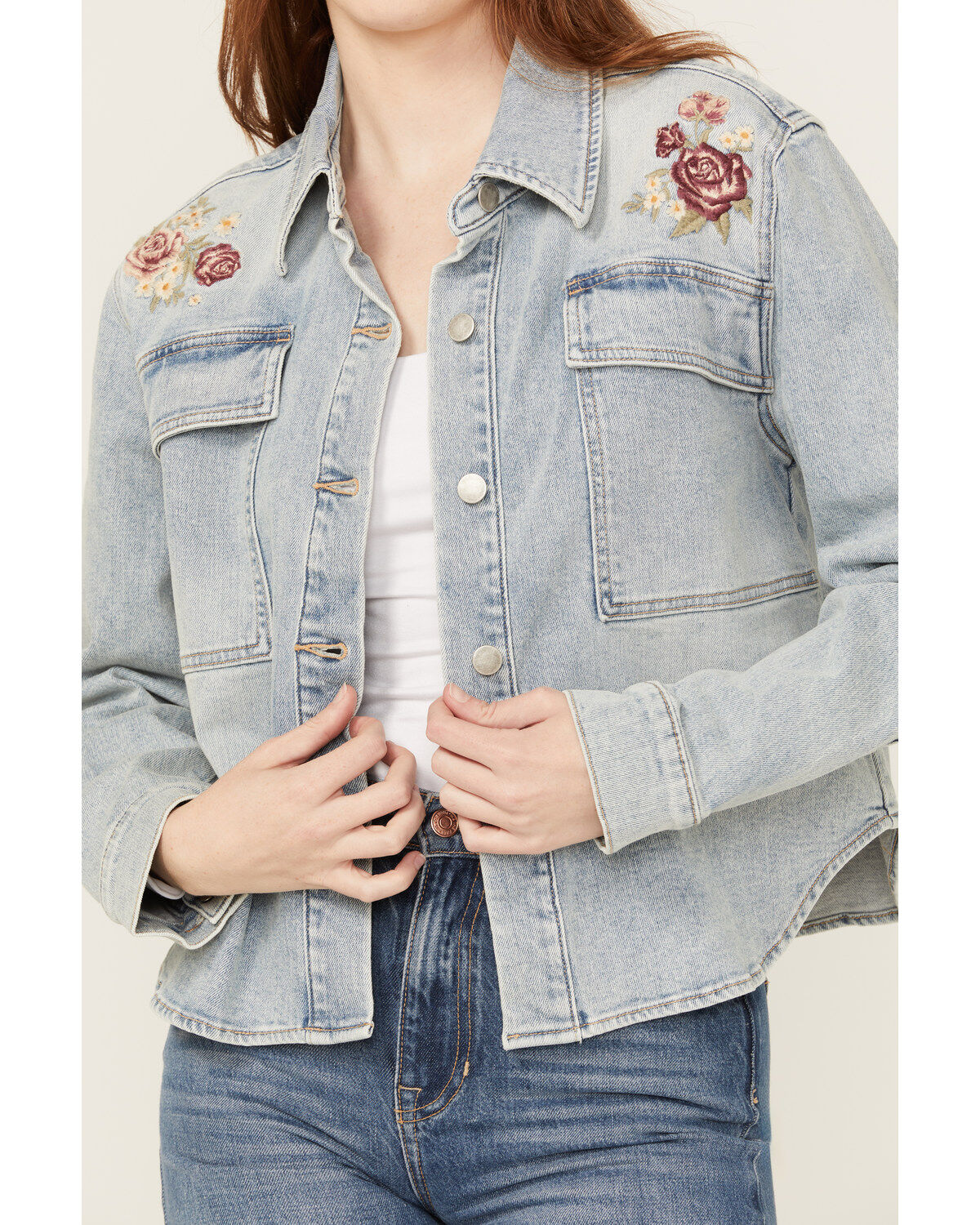 Driftwood Women's Light Wash Embroidered Steer Head Denim Shacket