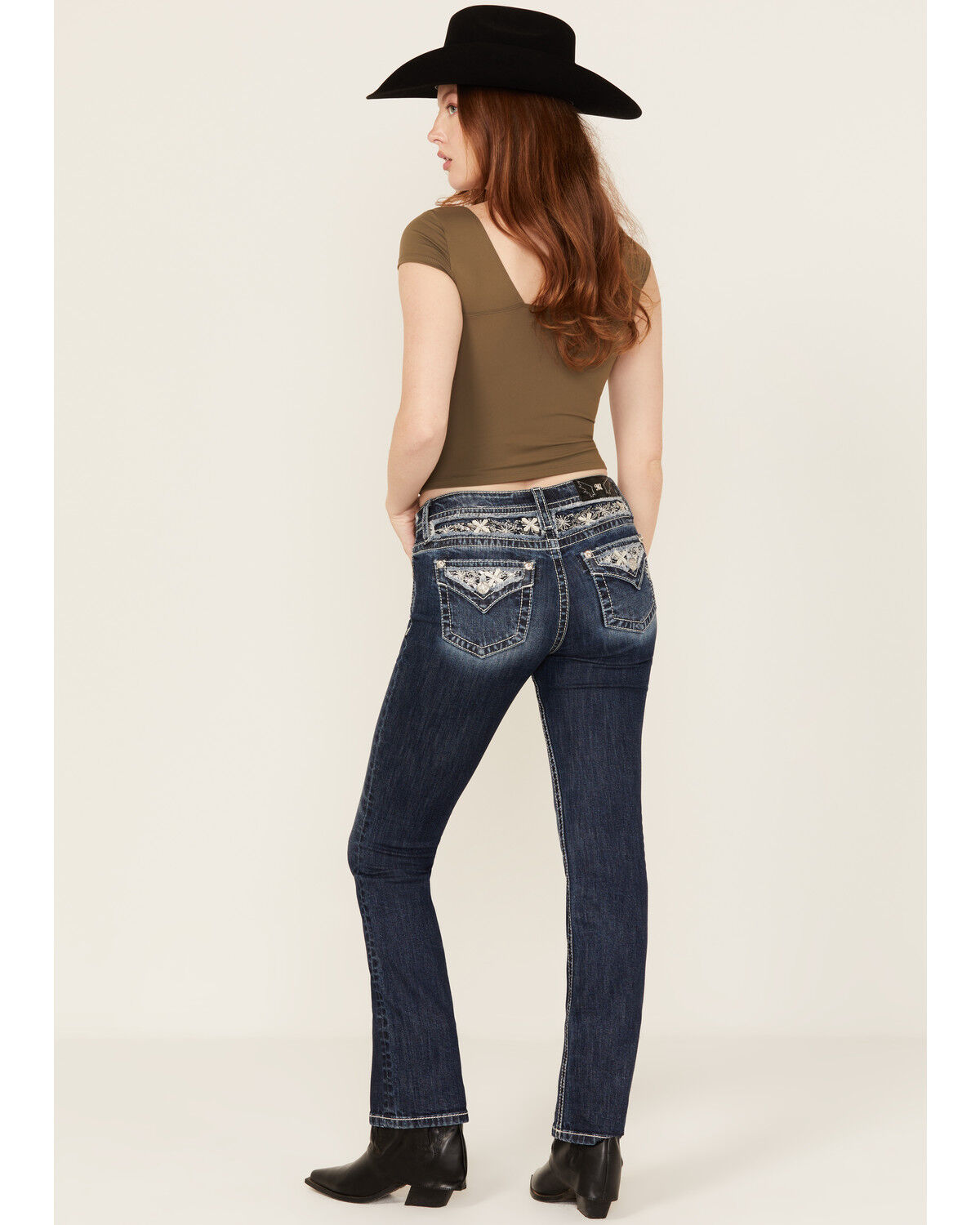 Miss Me Women's Dark Wash Snowflake Embroidered Slim Bootcut Stretch Denim Jeans