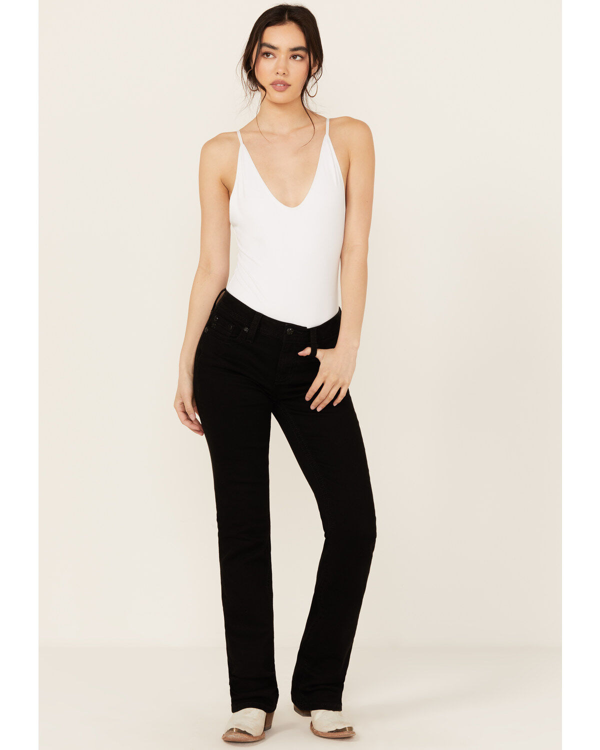 Miss Me Women's Mid Rise Wing Pocket Bootcut Stretch Denim Jeans