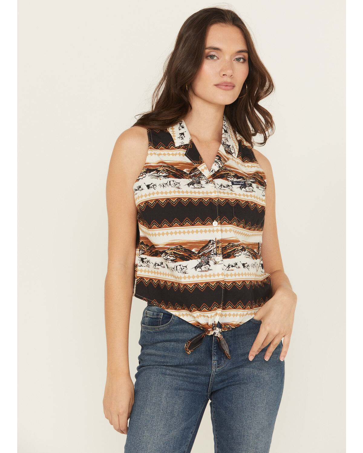 Wrangler Retro Women's Southwestern Print Sleeveless Button-Down Tie-Front Western Shirt