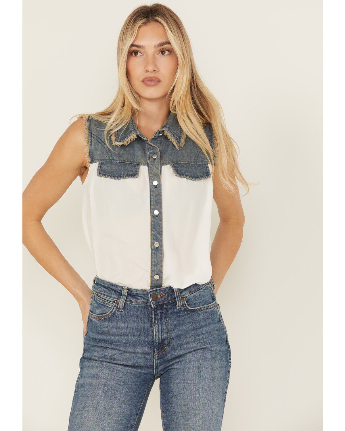 Cowgirl Hardware Women's Sleeveless Denim Chiffon Blouse