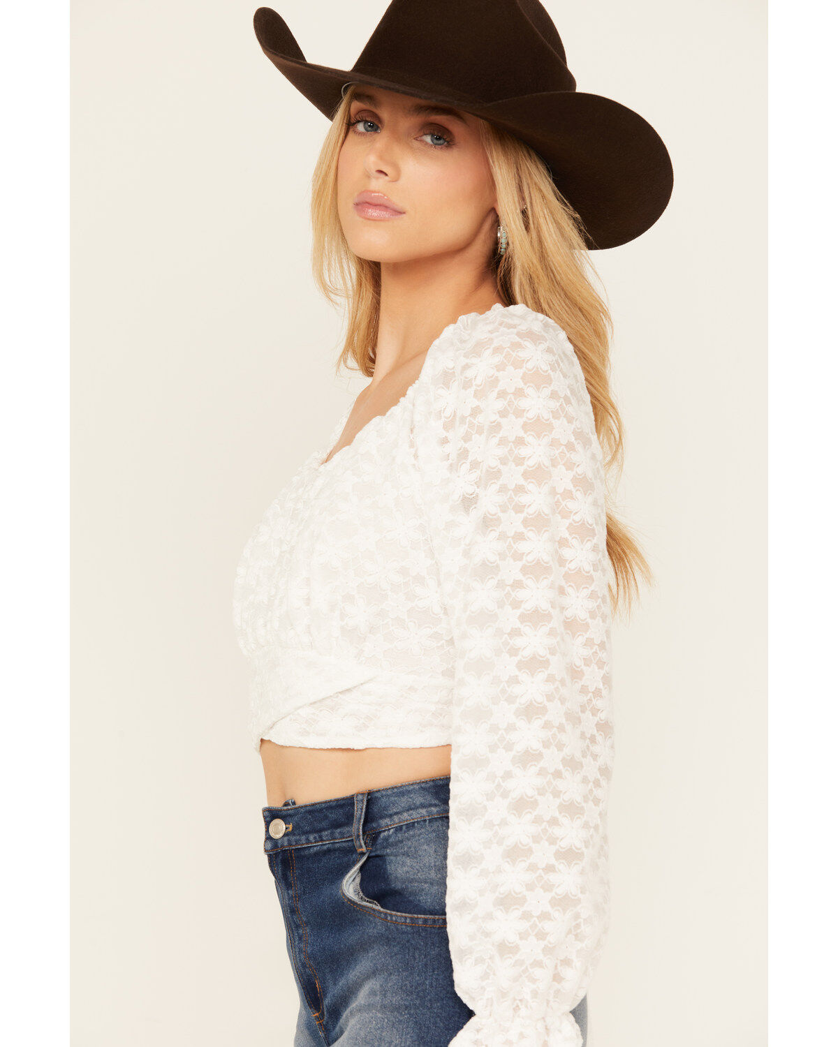 Beyond The Radar Women's Floral Lace Tie Back Long Sleeve Top