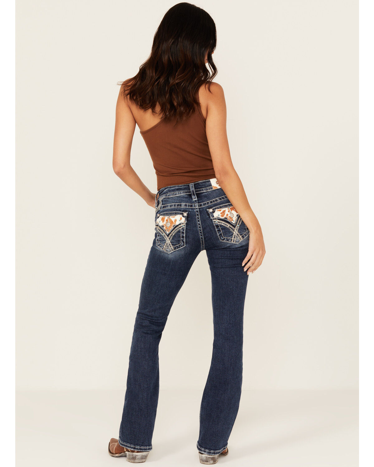 Miss Me Women's Medium Wash Mid Rise Cowhide Pocket Bootcut Stretch Denim Jeans