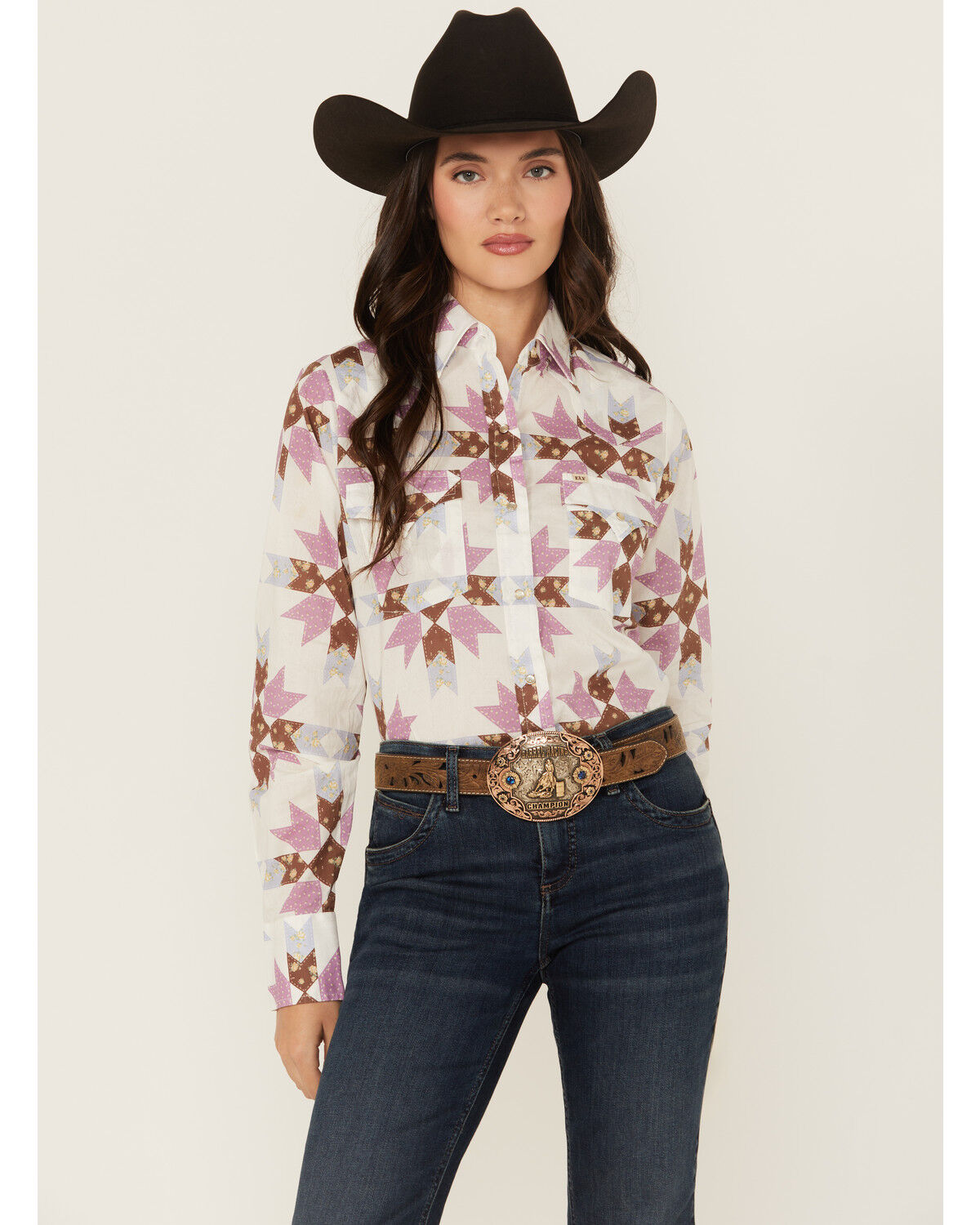 Cowboygirl by Jenna Paulette Women's Patchwork Print Long Sleeve Pearl Snap Western Shirt