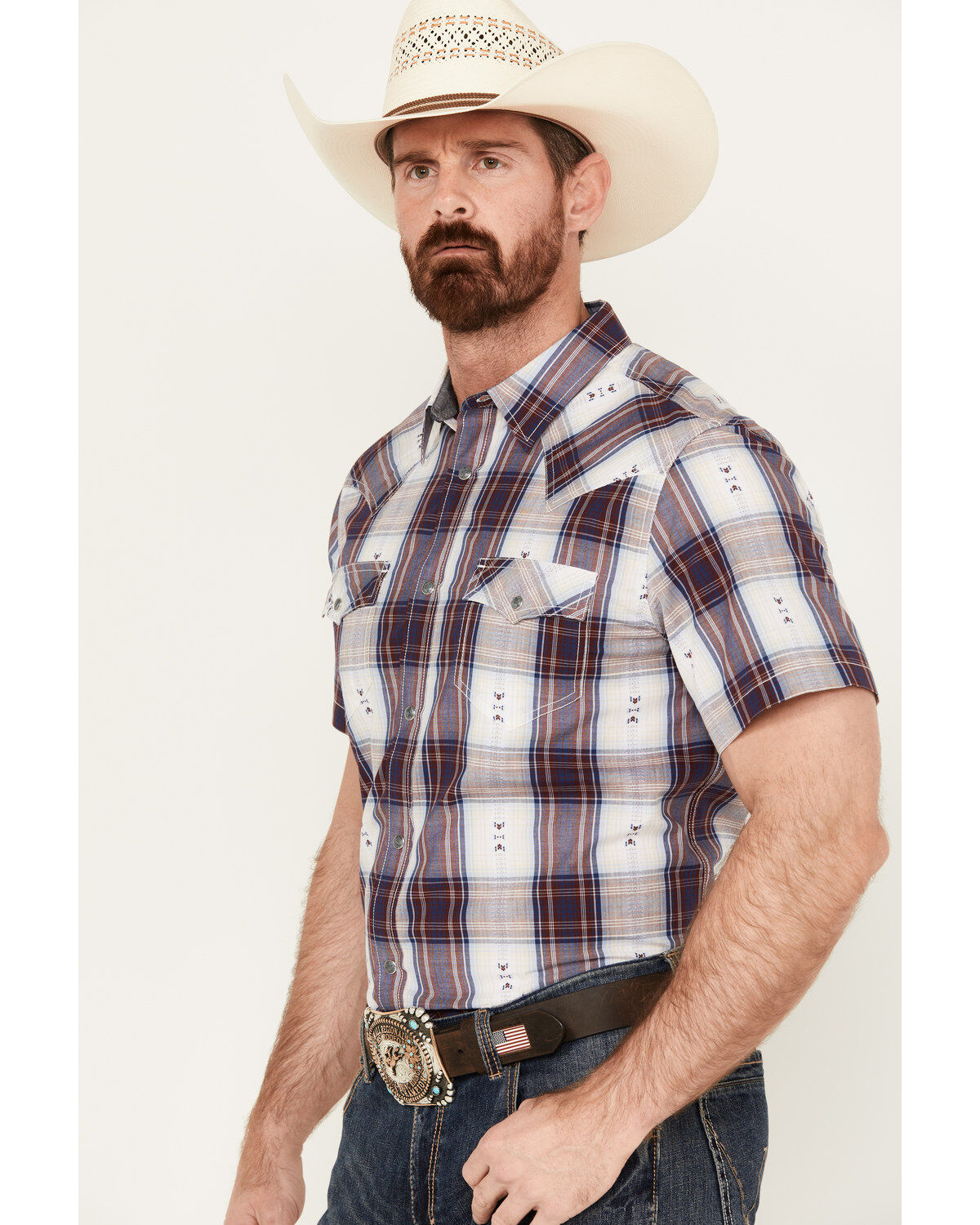 Cody James Men's Dog Southwestern Dobby Plaid Print Short Sleeve Western Snap Shirt