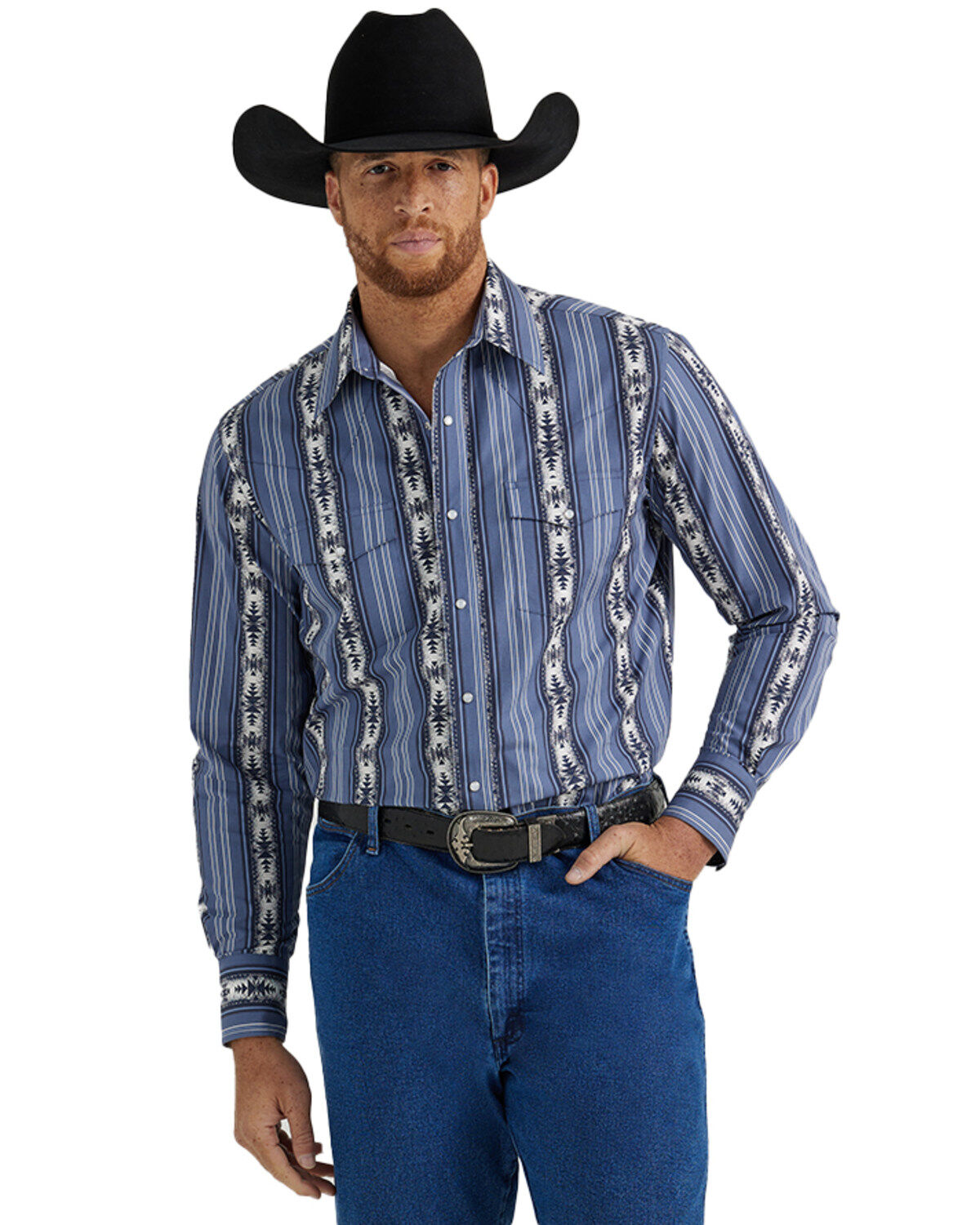 Wrangler Men's Checotah Southwestern Striped Print Long Sleeve Pearl Snap Western Shirt - Tall