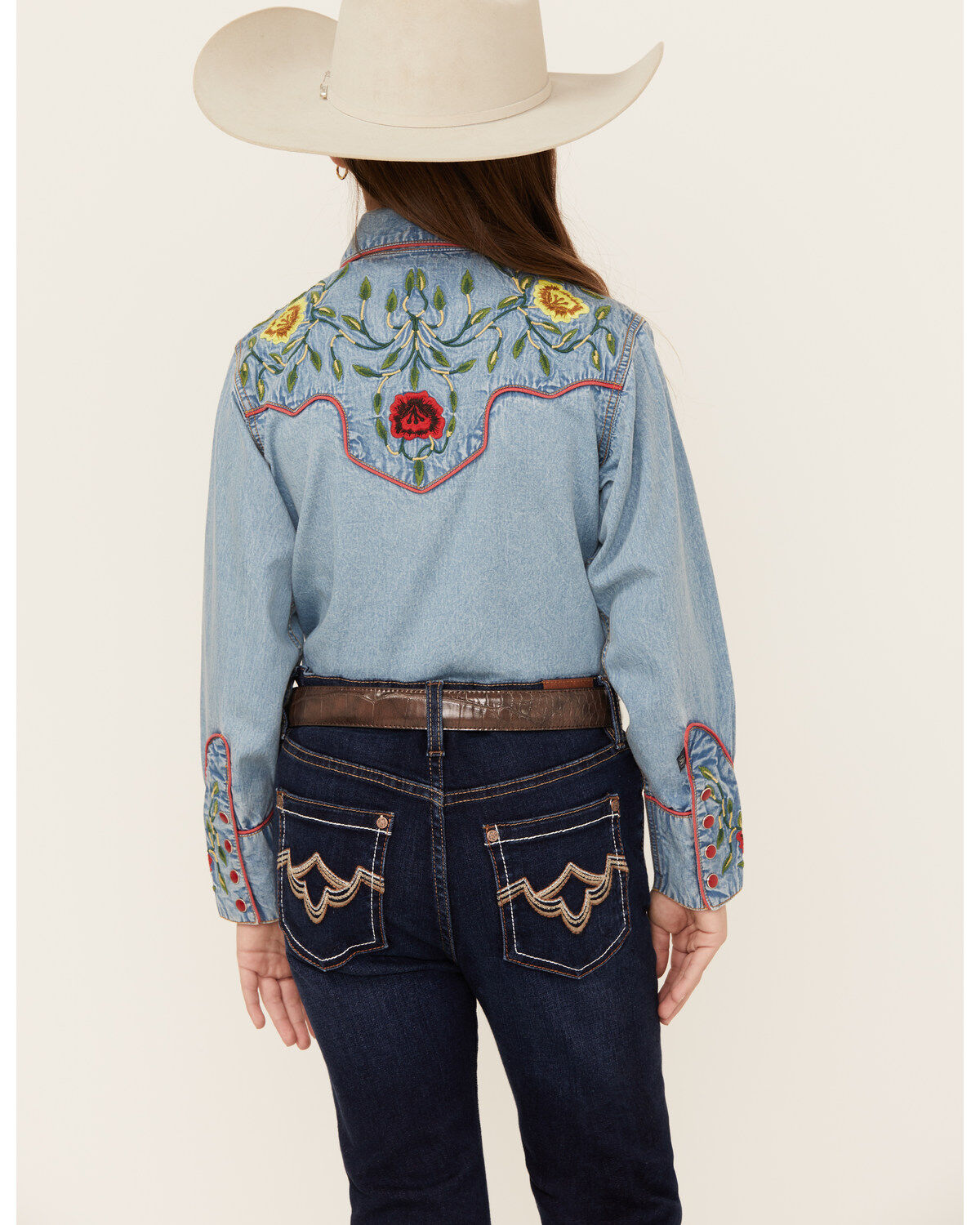 Rockmount Ranchwear Girls' Floral Yoke Long Sleeve Pearl Snap Denim Western Shirt