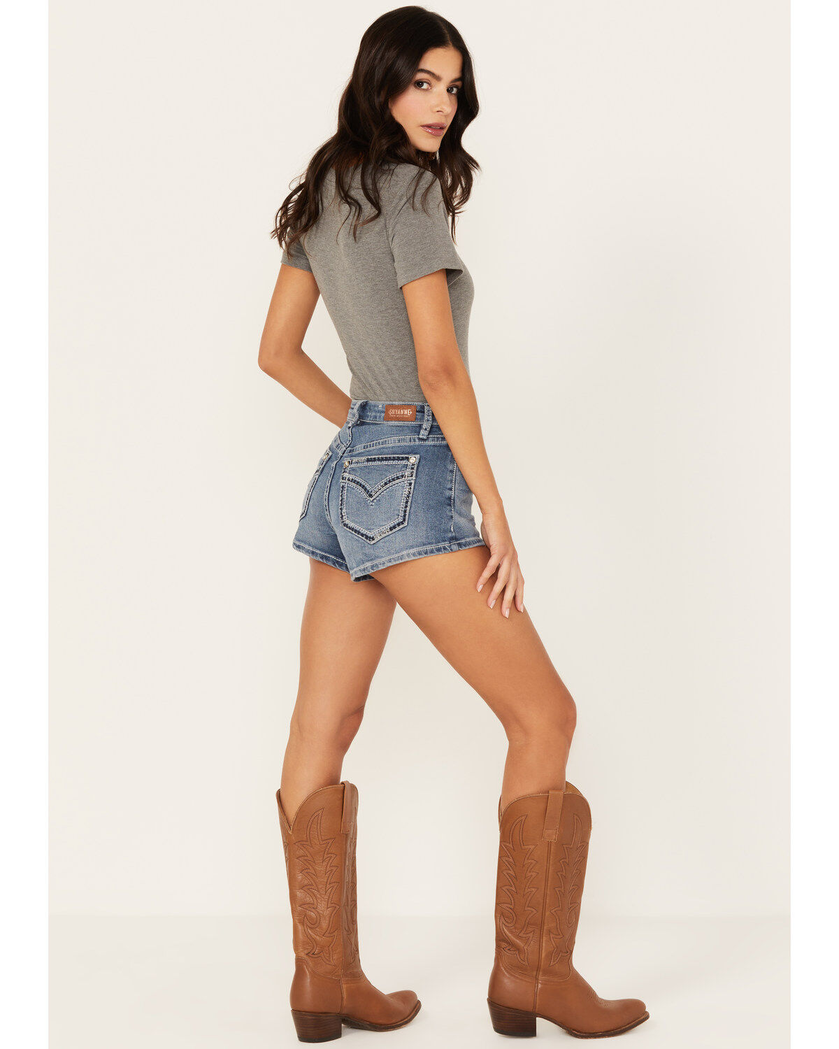 Shyanne Women's Medium Wash Mid Rise Embellished Stretch Denim Shorts