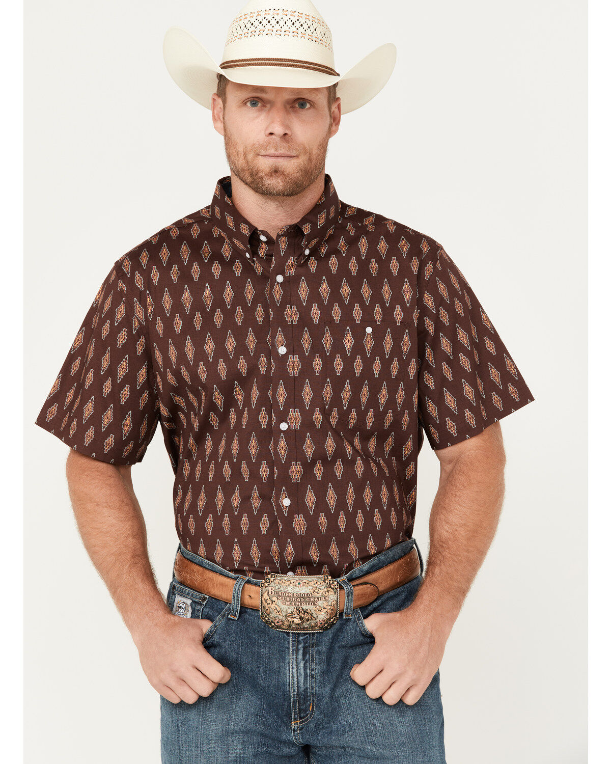 RANK 45® Men's Cash Geo Print Short Sleeve Button-Down Stretch Western Shirt