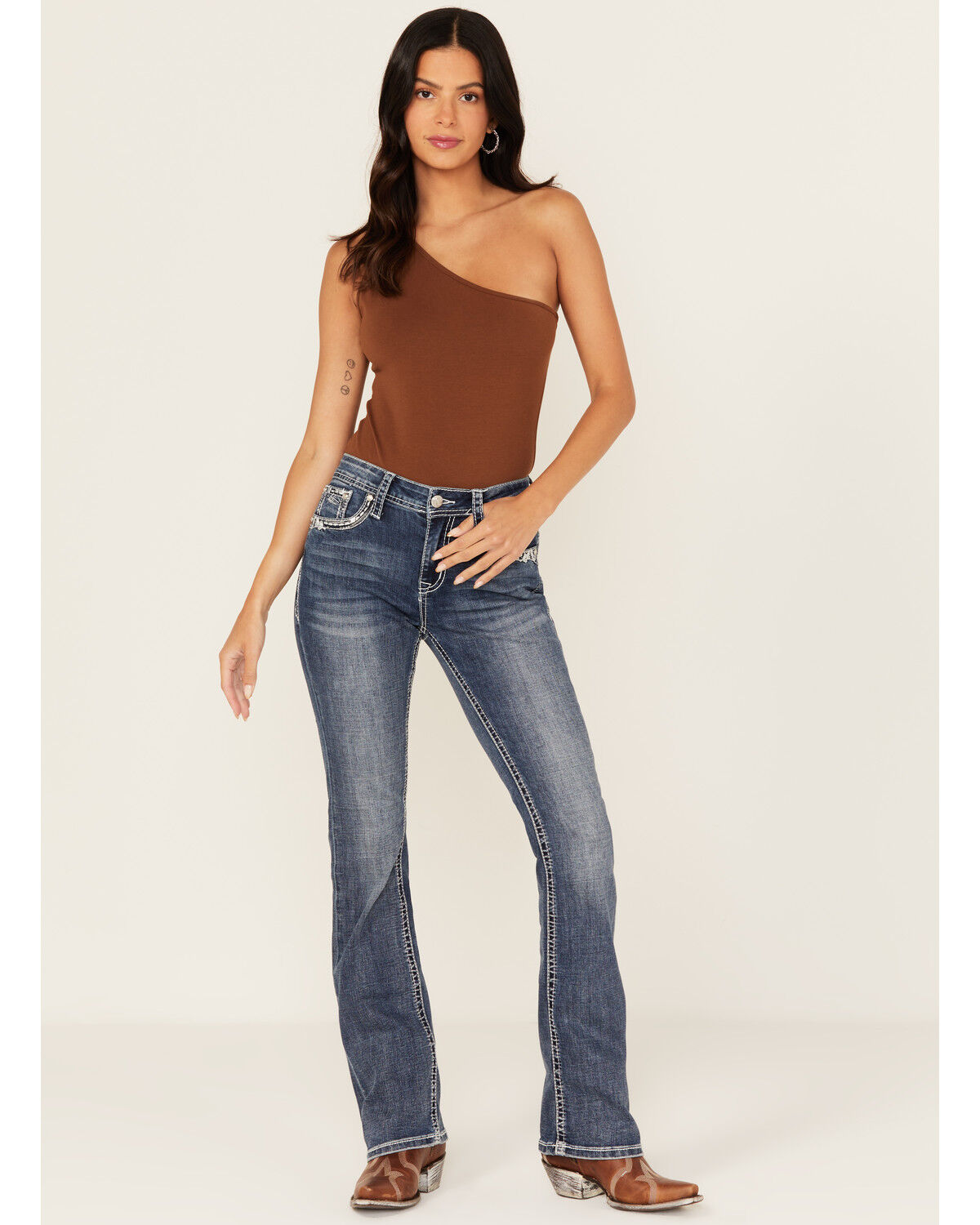 Grace In LA Women's Medium Wash Geo Print Embroidered Mid Rise Bootcut Stretch Denim Jeans