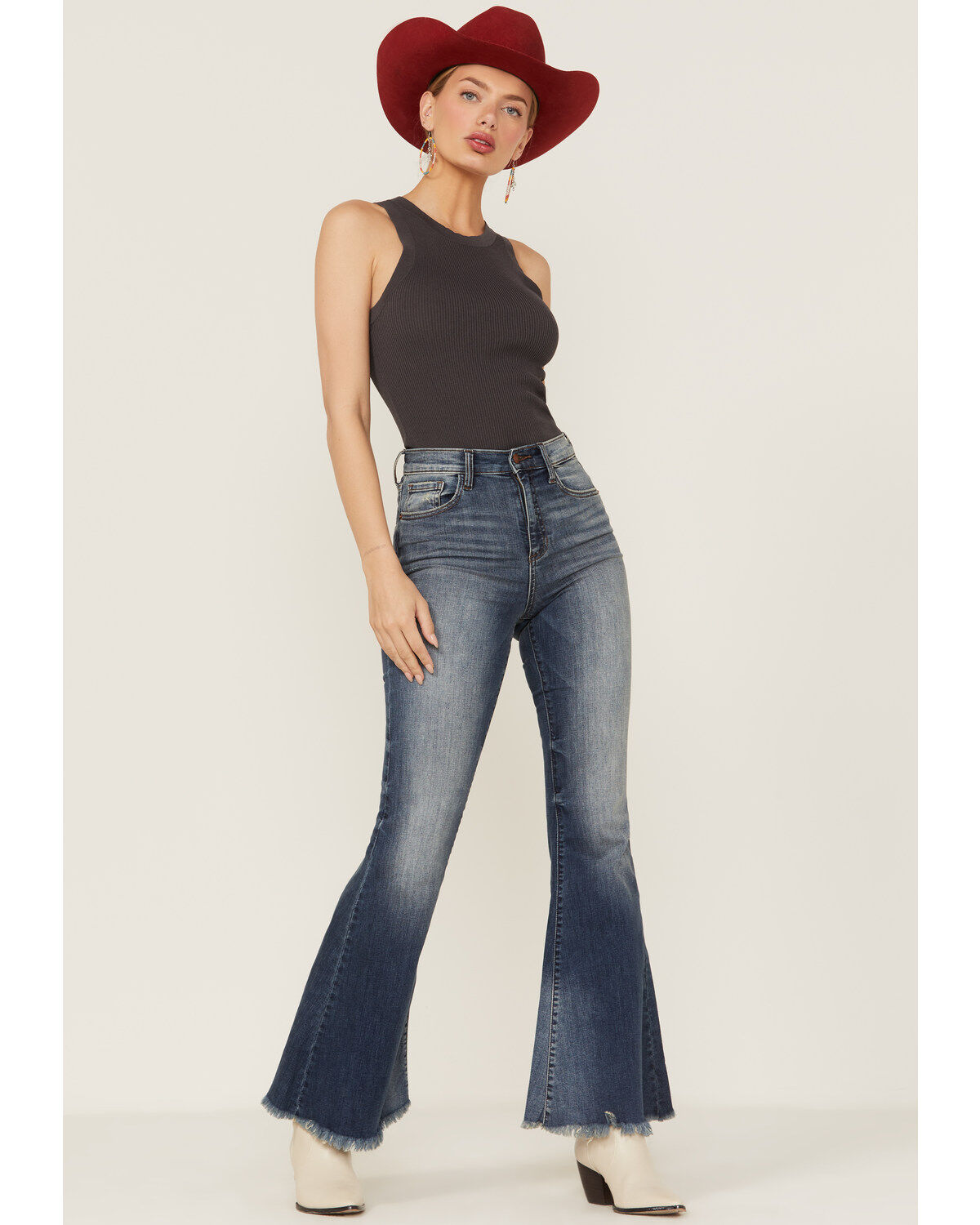 Sneak Peek Women's Vintage High Rise Raw Hem Dark Flare Jeans