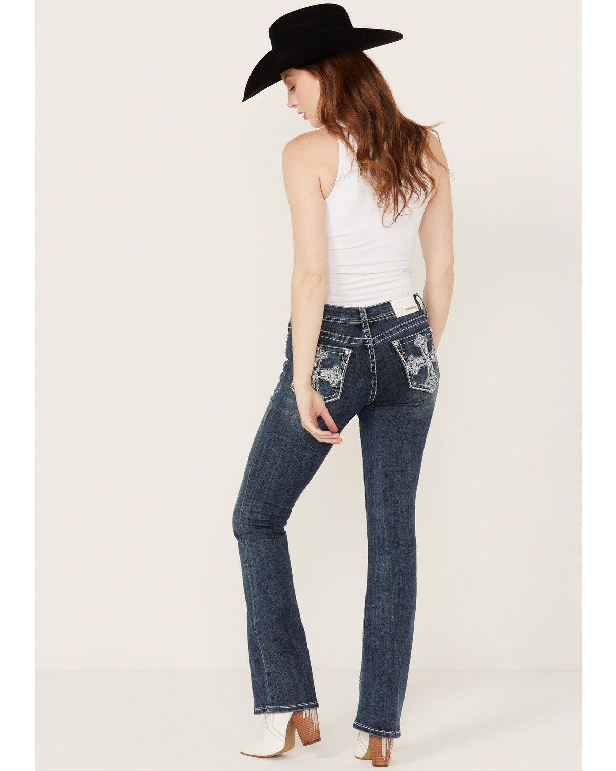 Grace In LA Women's Medium Wash Paisley Cross Pocket Bootcut Stretch Denim Jeans