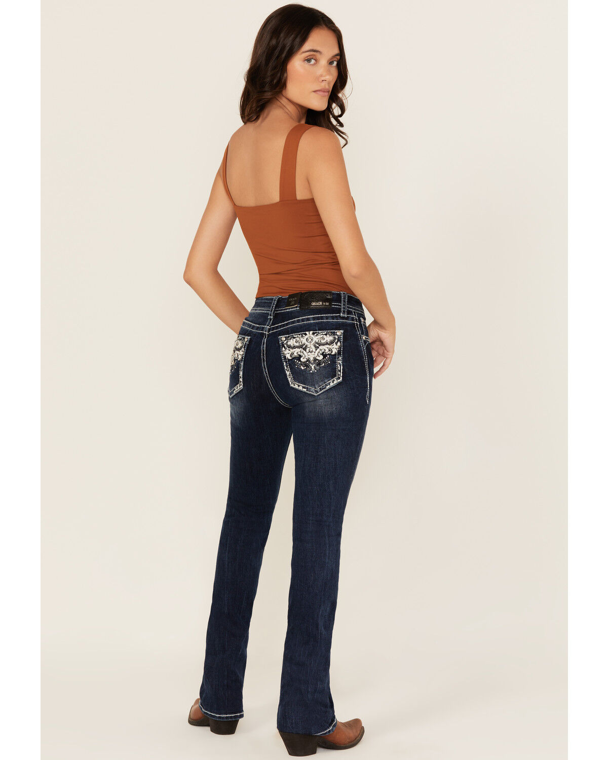 Grace In LA Women's Dark Wash Embellished Mid Rise Bootcut Stretch Denim Jeans
