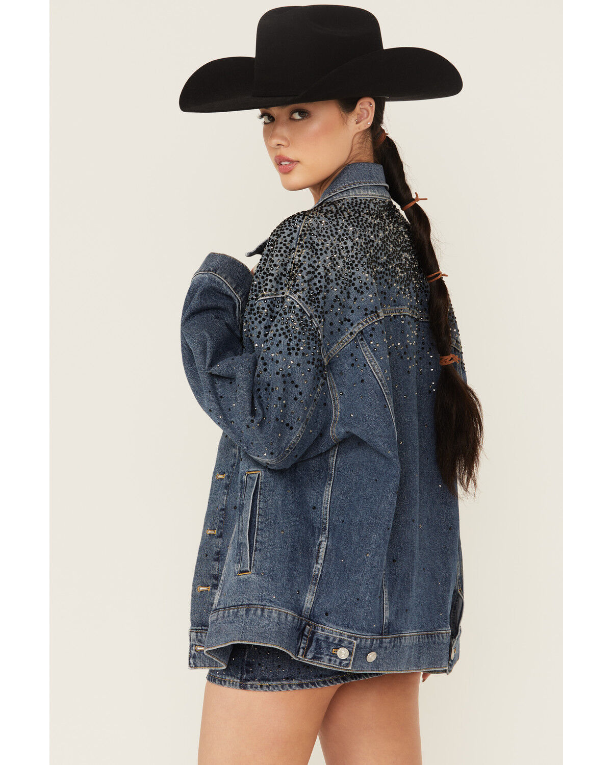 7 For All Mankind Women's Candy Oil Dark Wash Oversized Embellished Trucker Denim Jacket