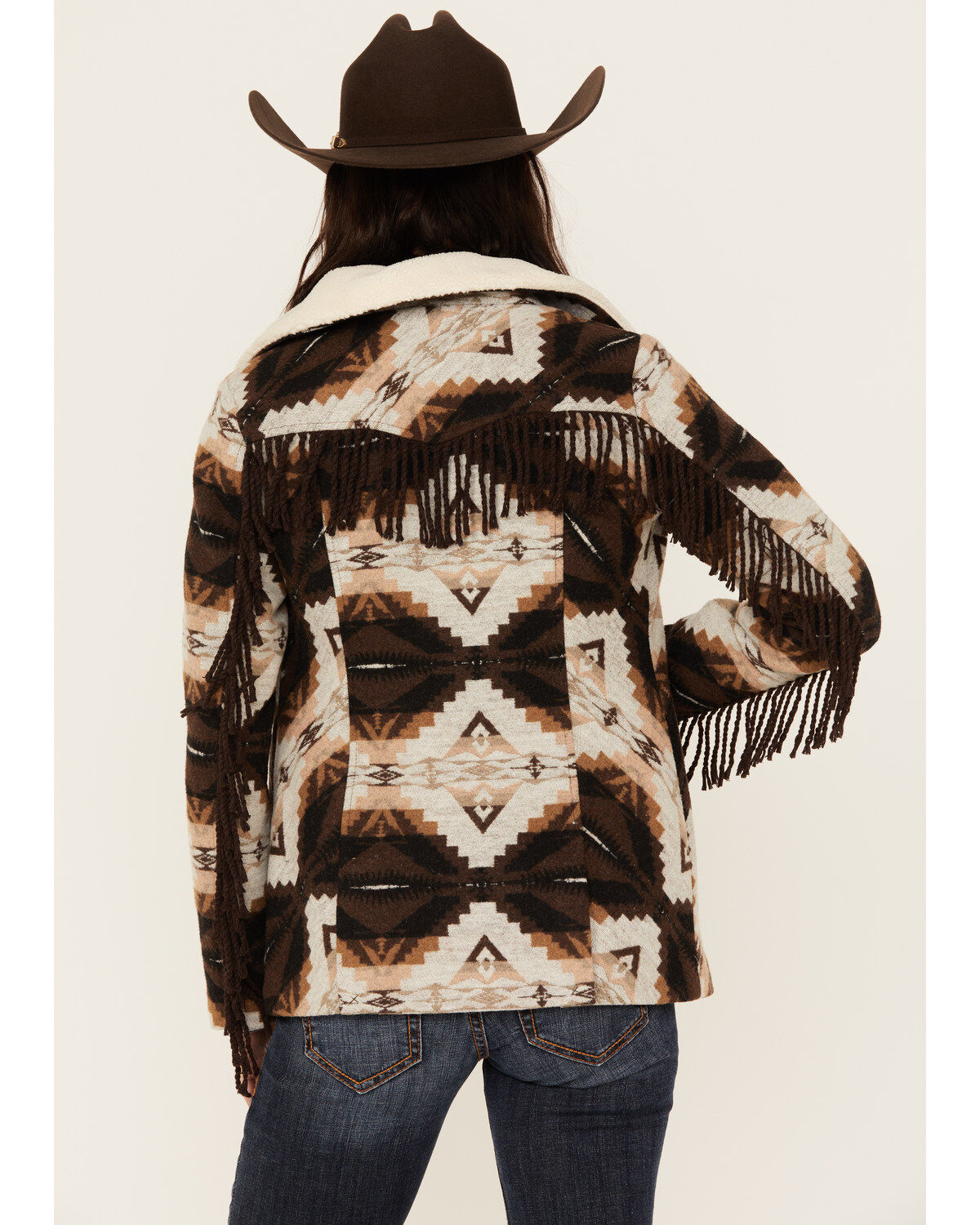 Powder River Outfitters Women's Southwestern Jacquard Fringe Coat