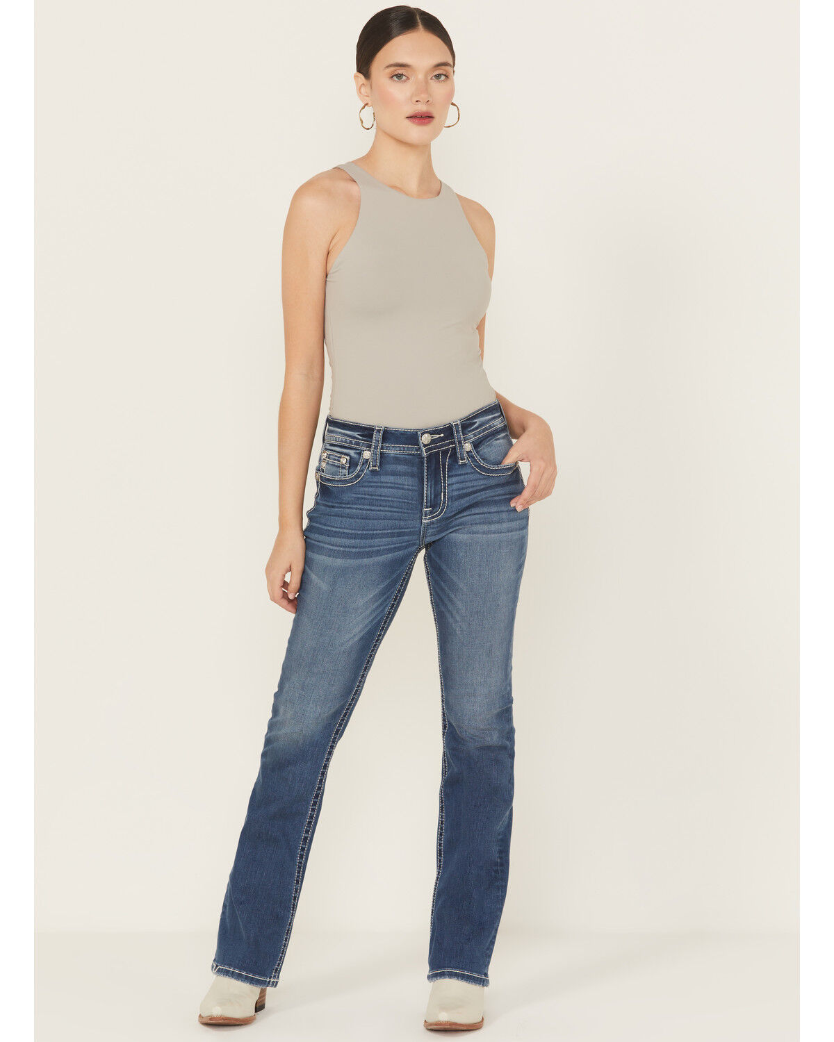 Miss Me Women's Medium Wash Mid Rise Fleur de Lis Pocket Bootcut Stretch Denim Jeans