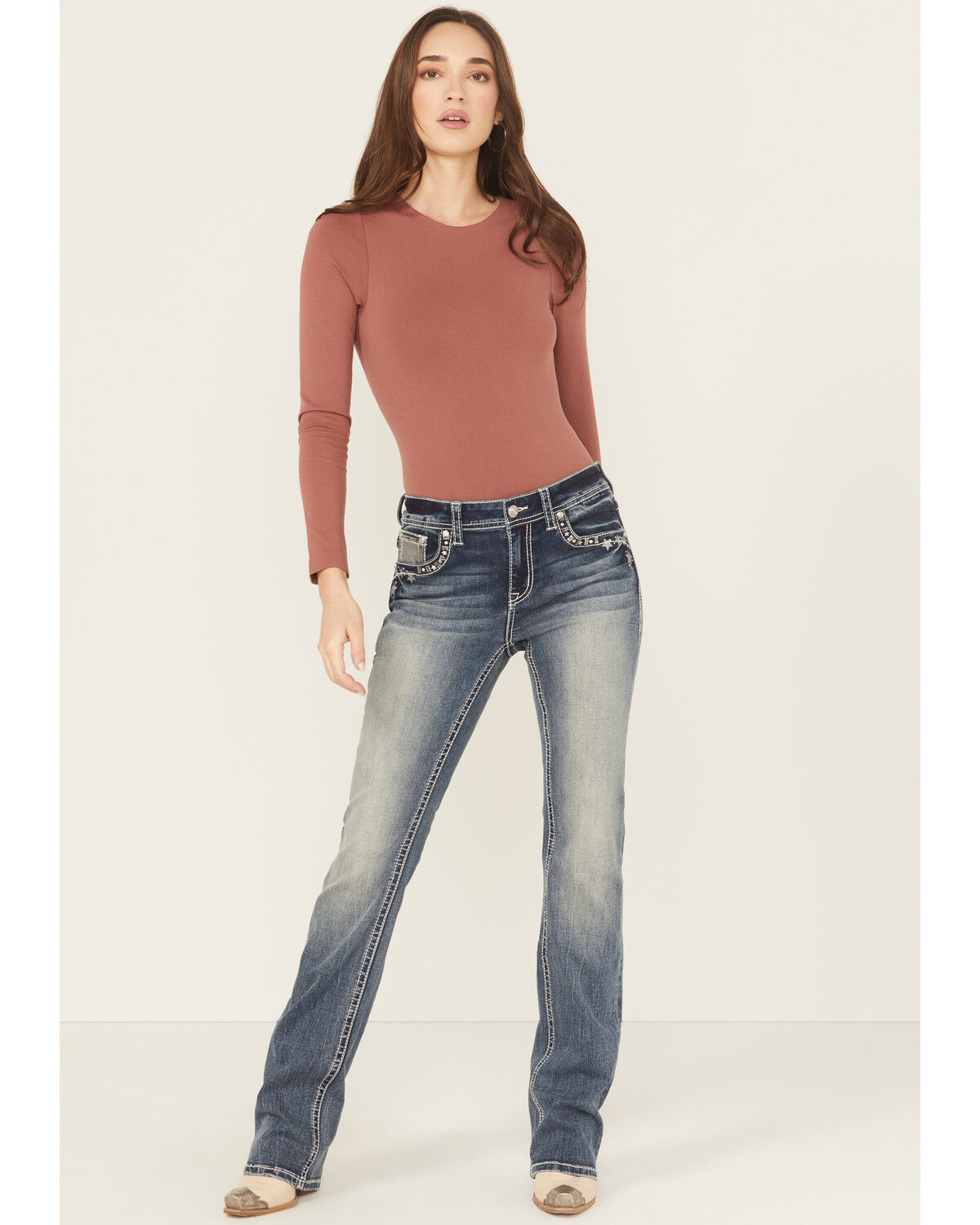 Grace In LA Women's Medium Wash Mid Rise Star Horseshoe Bootcut Stretch Denim Jeans