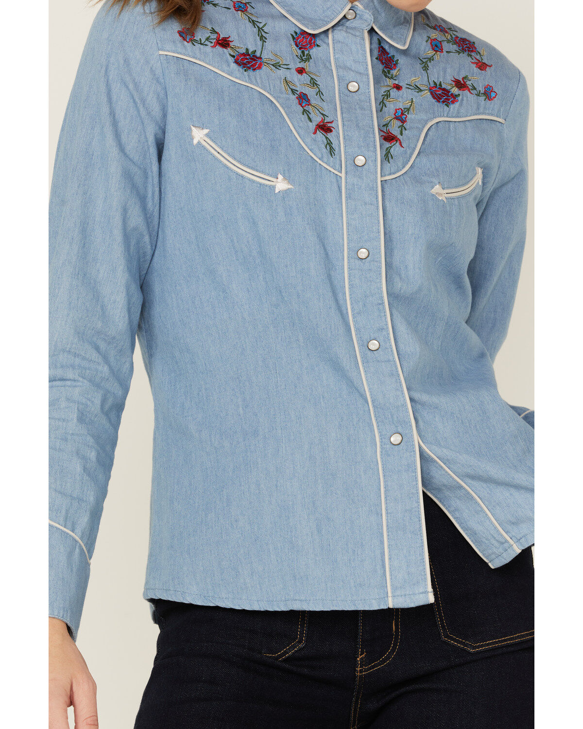 Scully Women's Chambray Floral Embroidered Yoke Pearl Snap Western Shirt