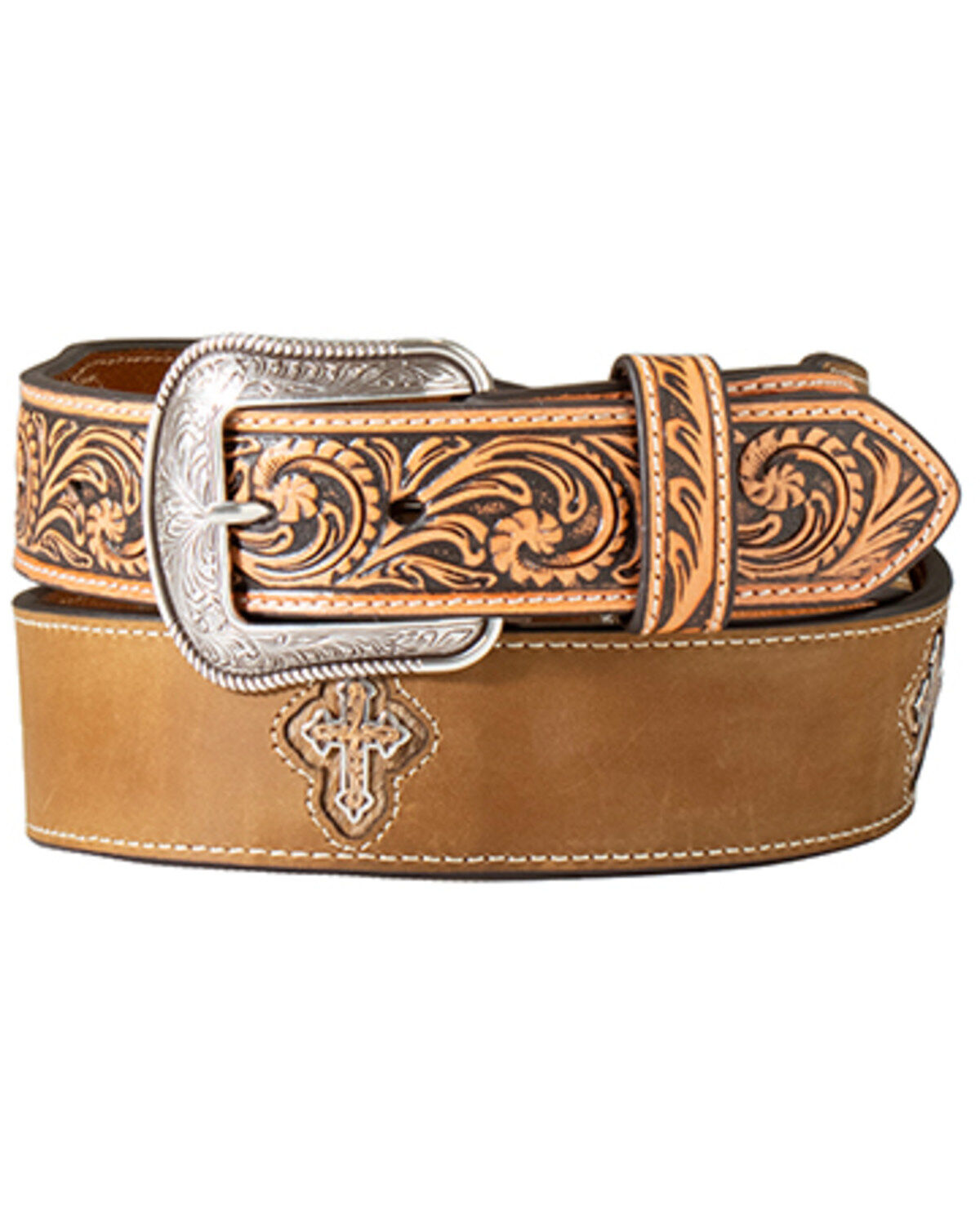 M & F Western Men's Tooled Cross Leather Belt