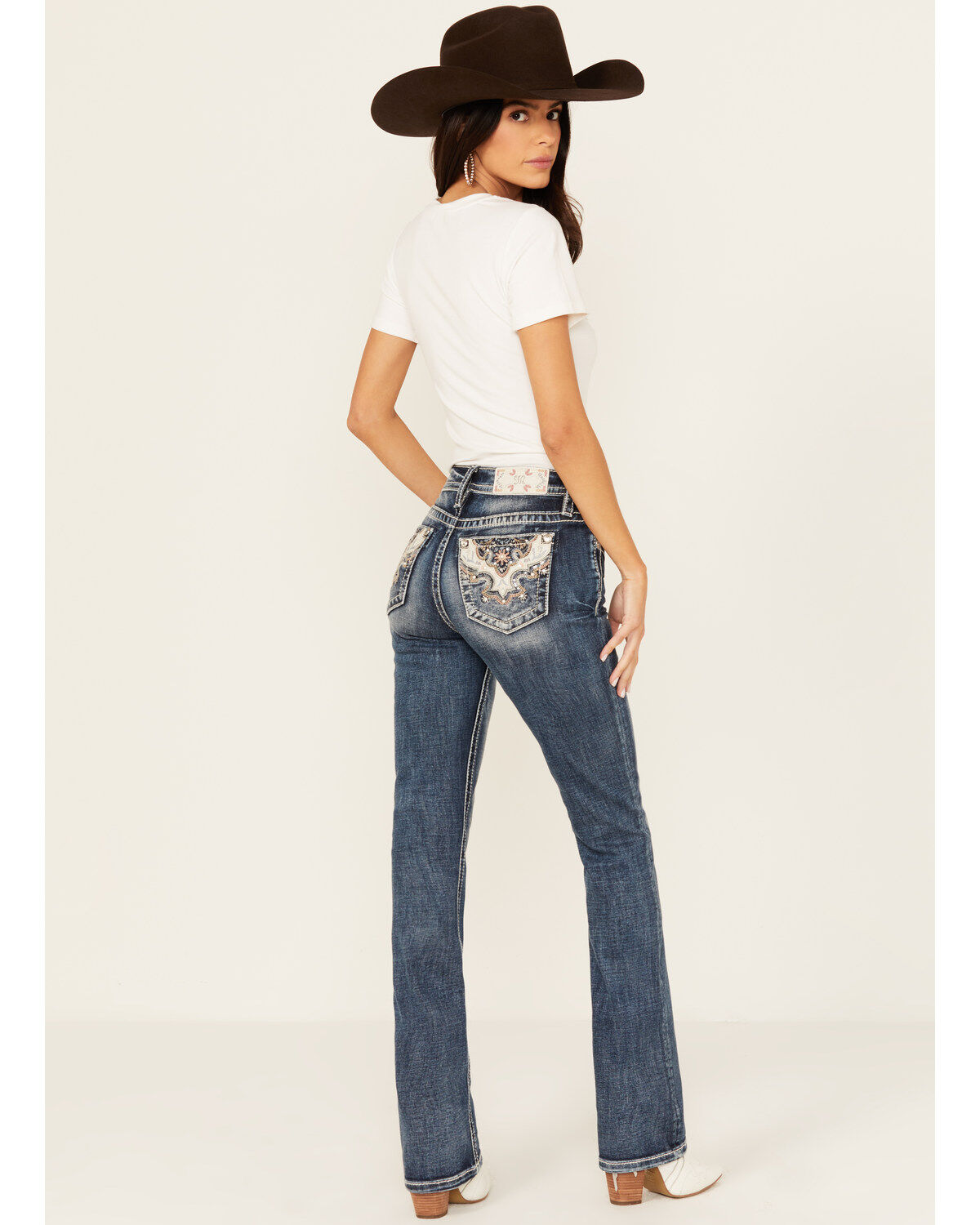 Miss Me Women's Dark Wash Mid Rise Floral Pocket Slim Bootcut Stretch Denim Jeans
